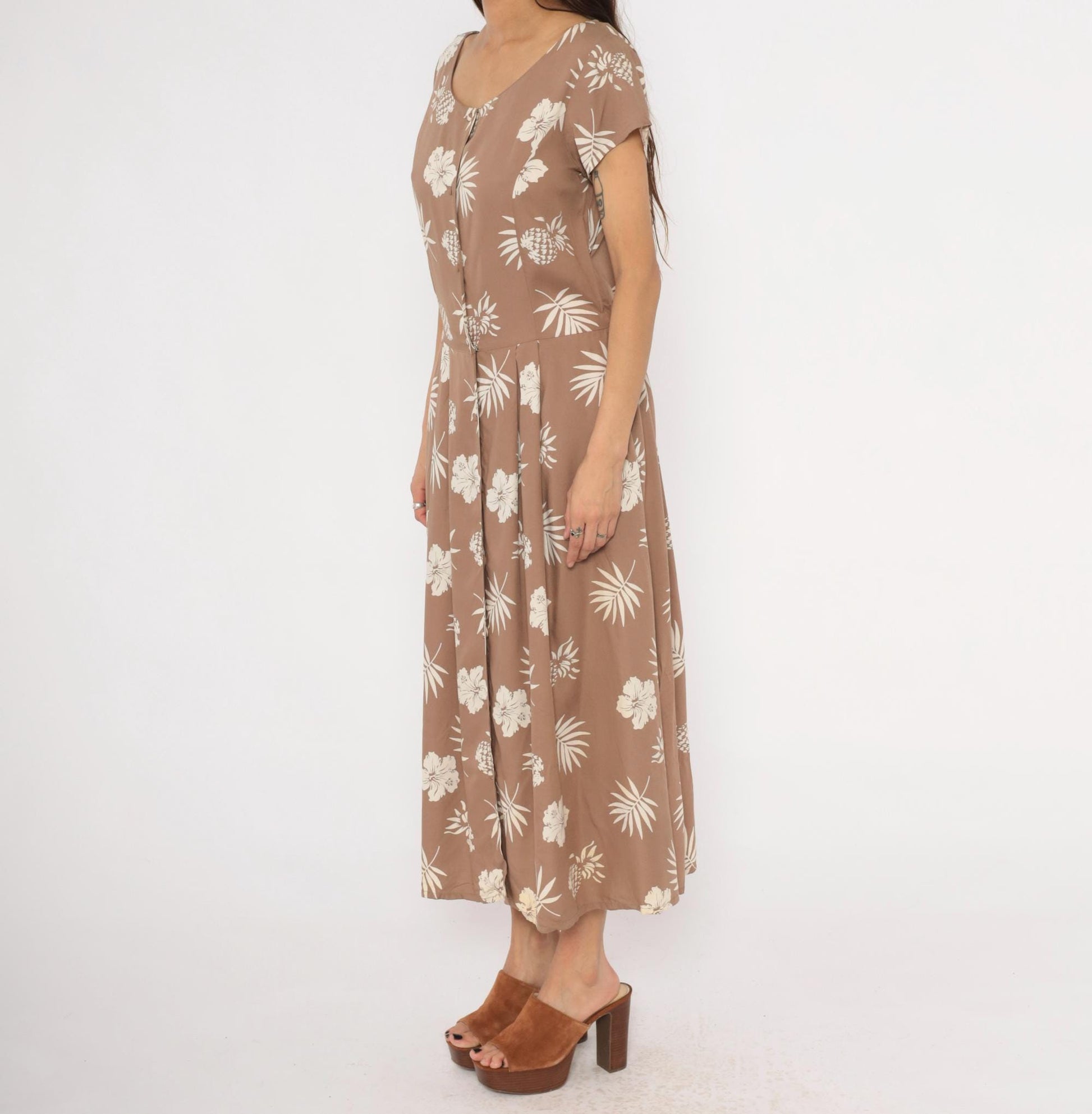 80s Apart Tropical Hibiscus Maxi Dress Tan Cream Cap Sleeve Medium M