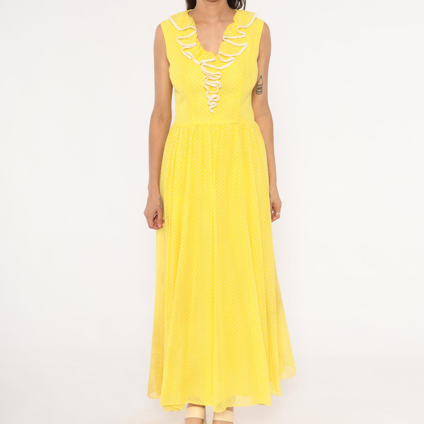 70s Miss Elliette Yellow Polka Dot Maxi Dress Ruffled V-Neck Medium M