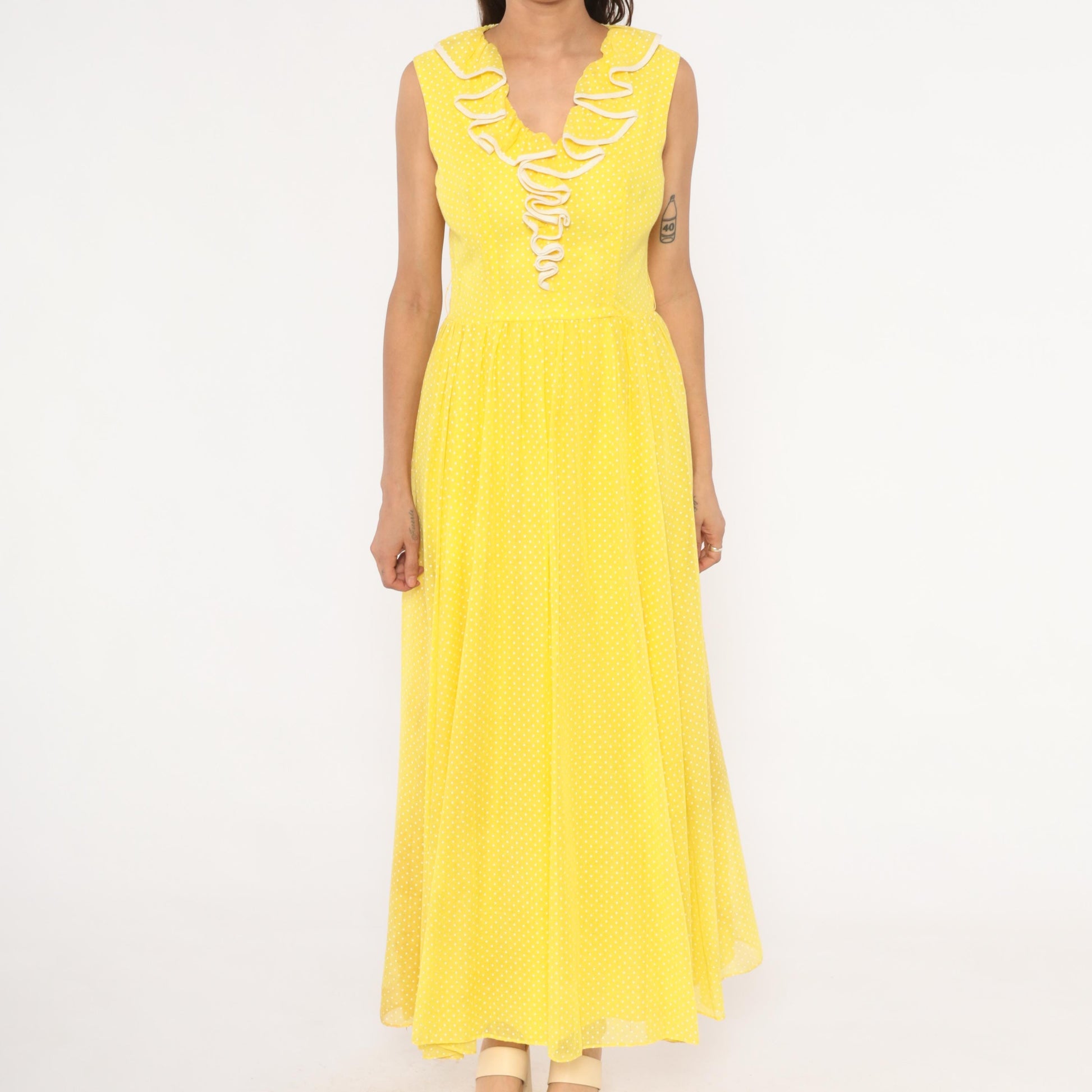 70s Miss Elliette Yellow Polka Dot Maxi Dress Ruffled V-Neck Medium M