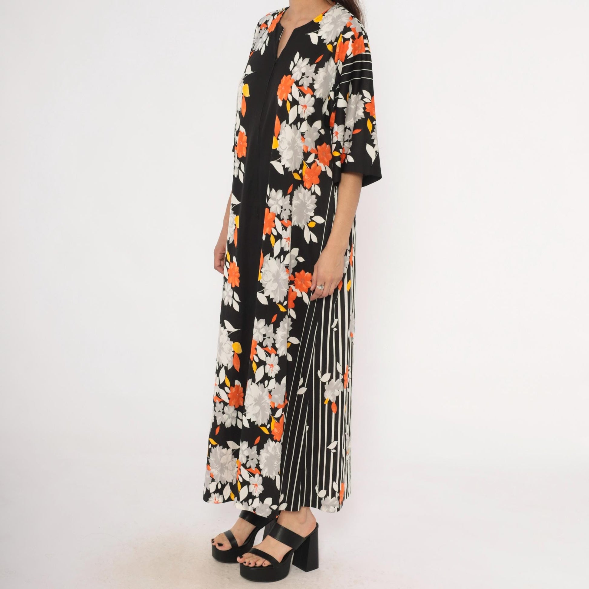 70s Miss Tique California Floral Kaftan Maxi Dress Black Orange Medium M