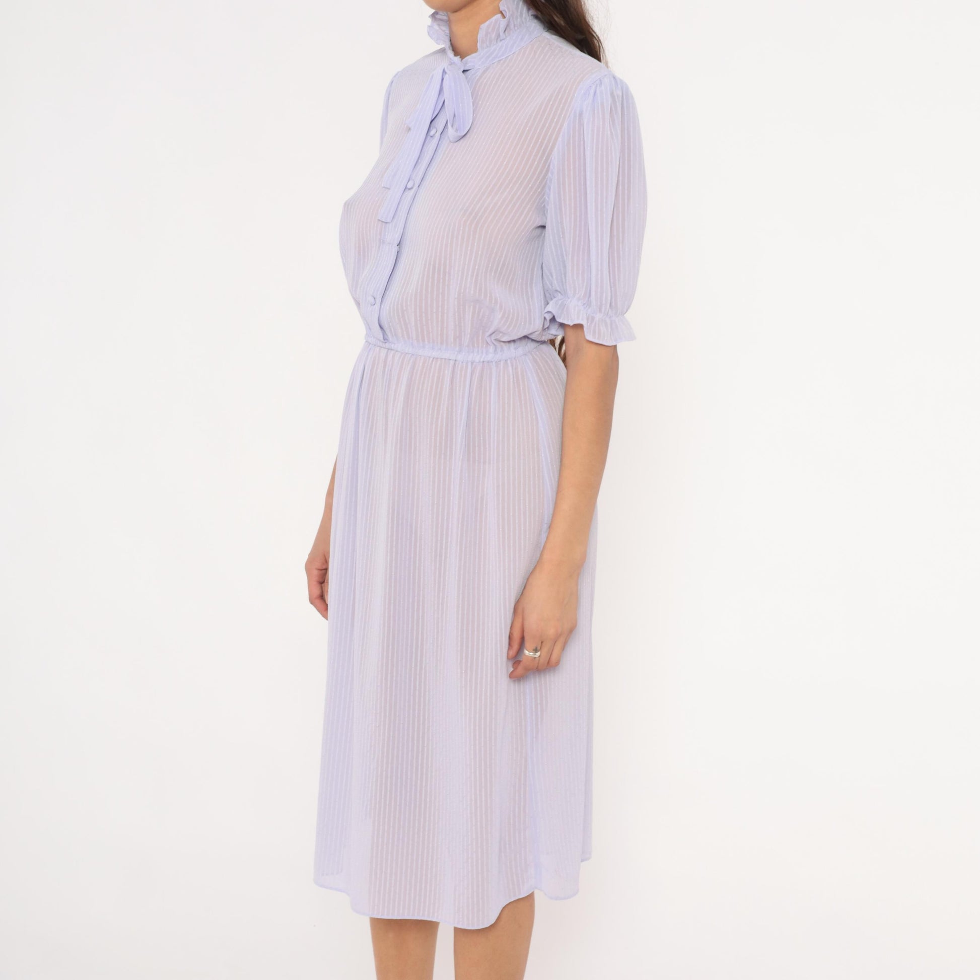 80s Lavender Sheer Stripe Dress Puff Sleeve Bow Tie Ruffle Collar Small