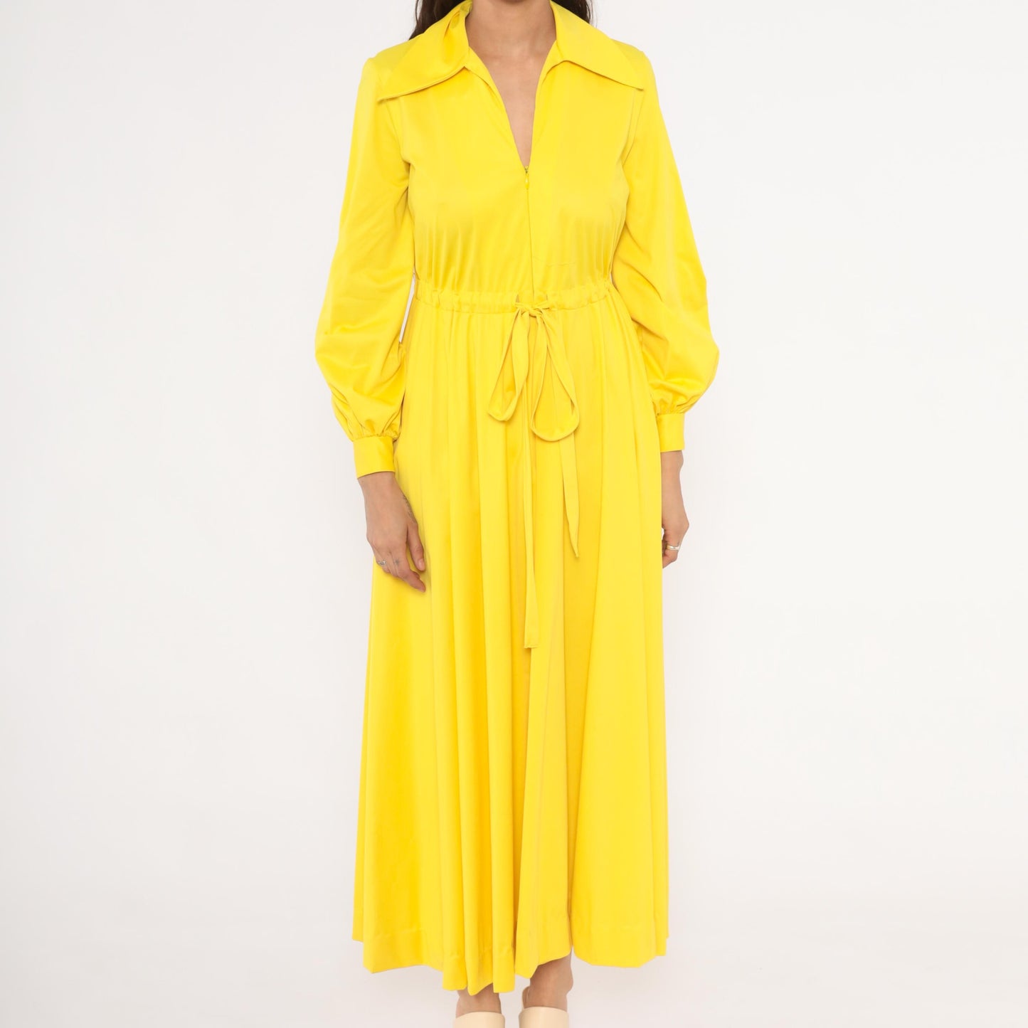 70s Vanity Fair Yellow Maxi Dress Balloon Sleeve Zip Front Gathered Skirt Medium