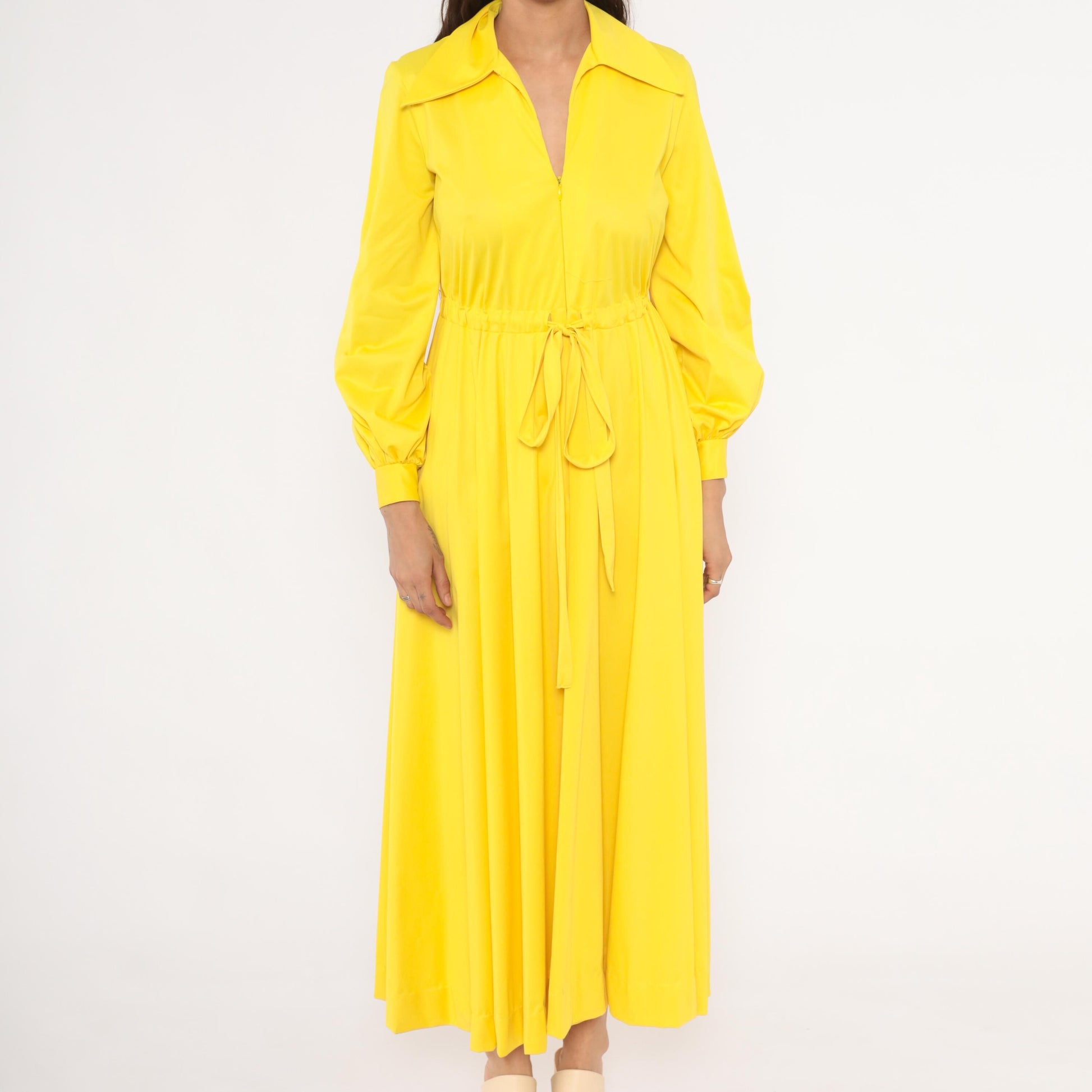 70s Vanity Fair Yellow Maxi Dress Balloon Sleeve Zip Front Gathered Skirt Medium