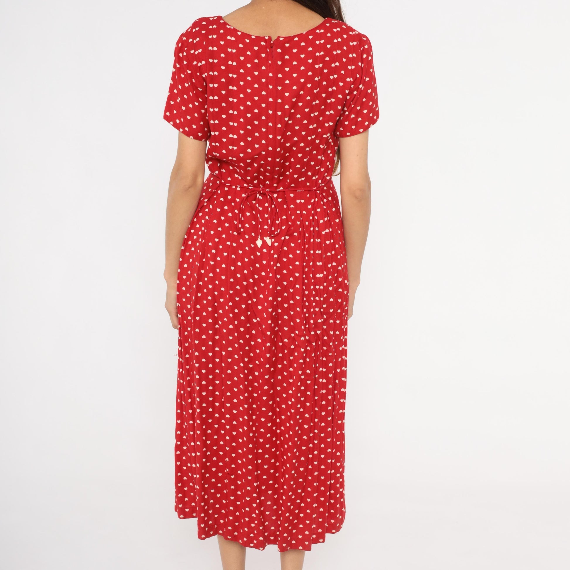 80s Sarah Elizabeth Red Heart Print Midi Dress Button Front Scoop Neck Medium M