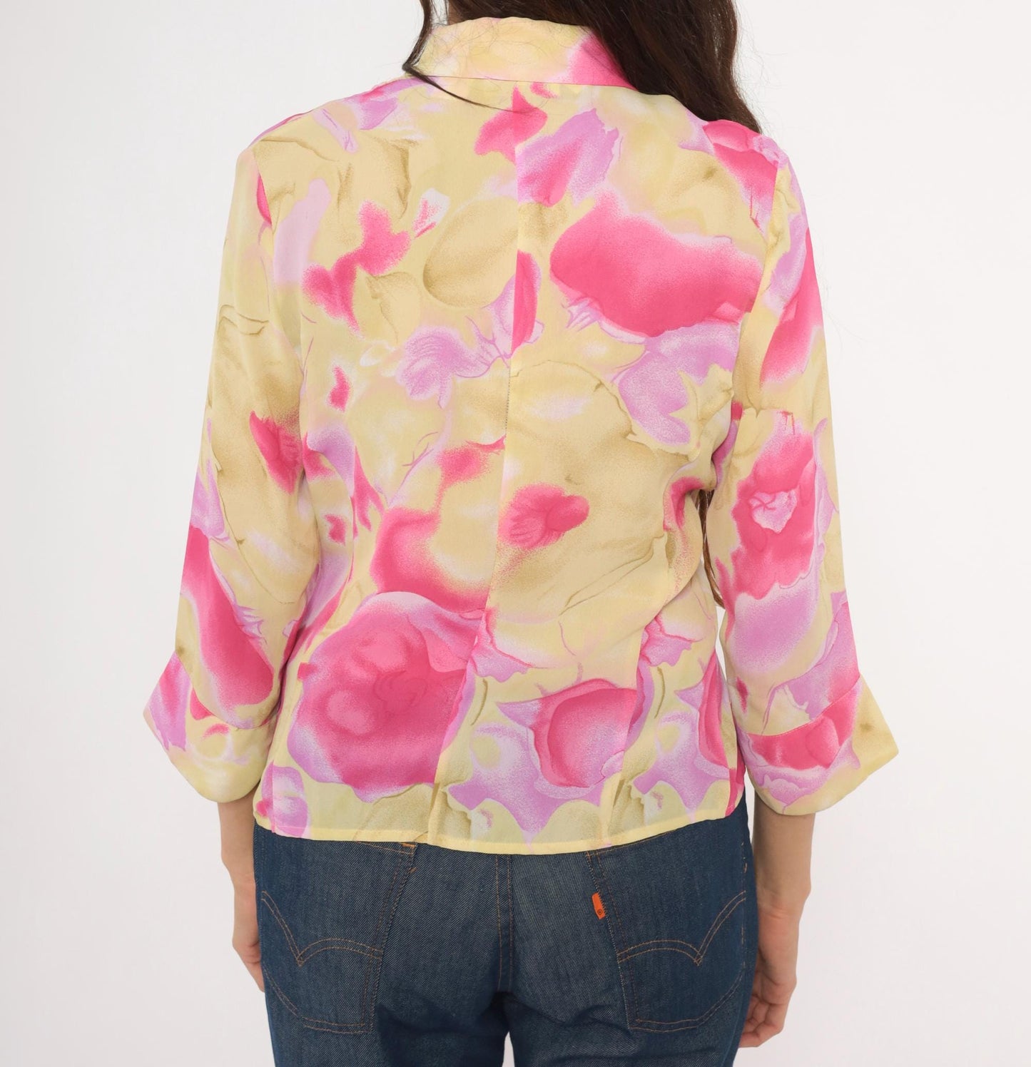 90s Caviar Watercolor Floral Sheer Blouse Pink Pointed Collar Small