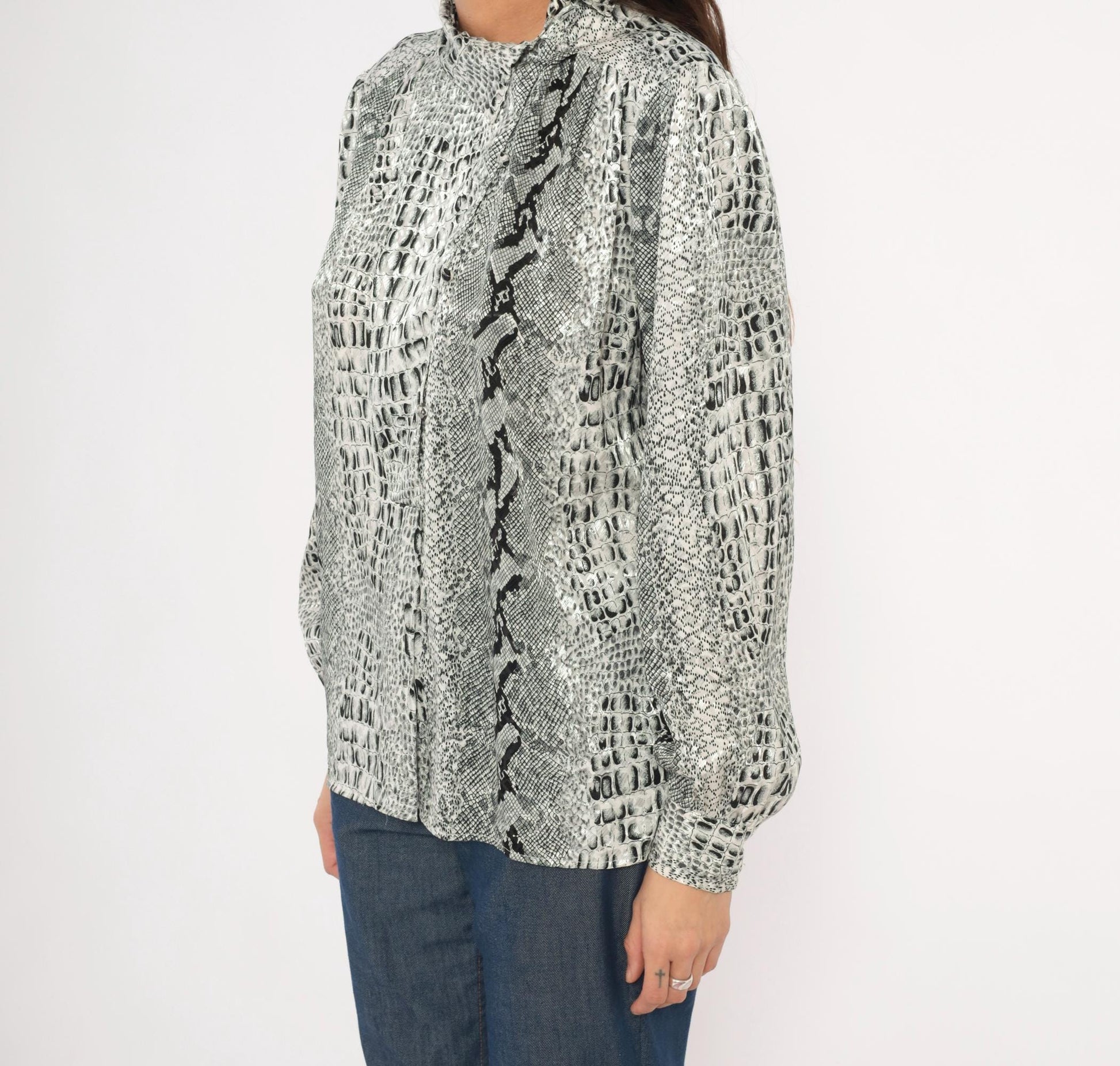 90s Tess Snakeskin Print Blouse Silver Grey Python Reptile Medium M