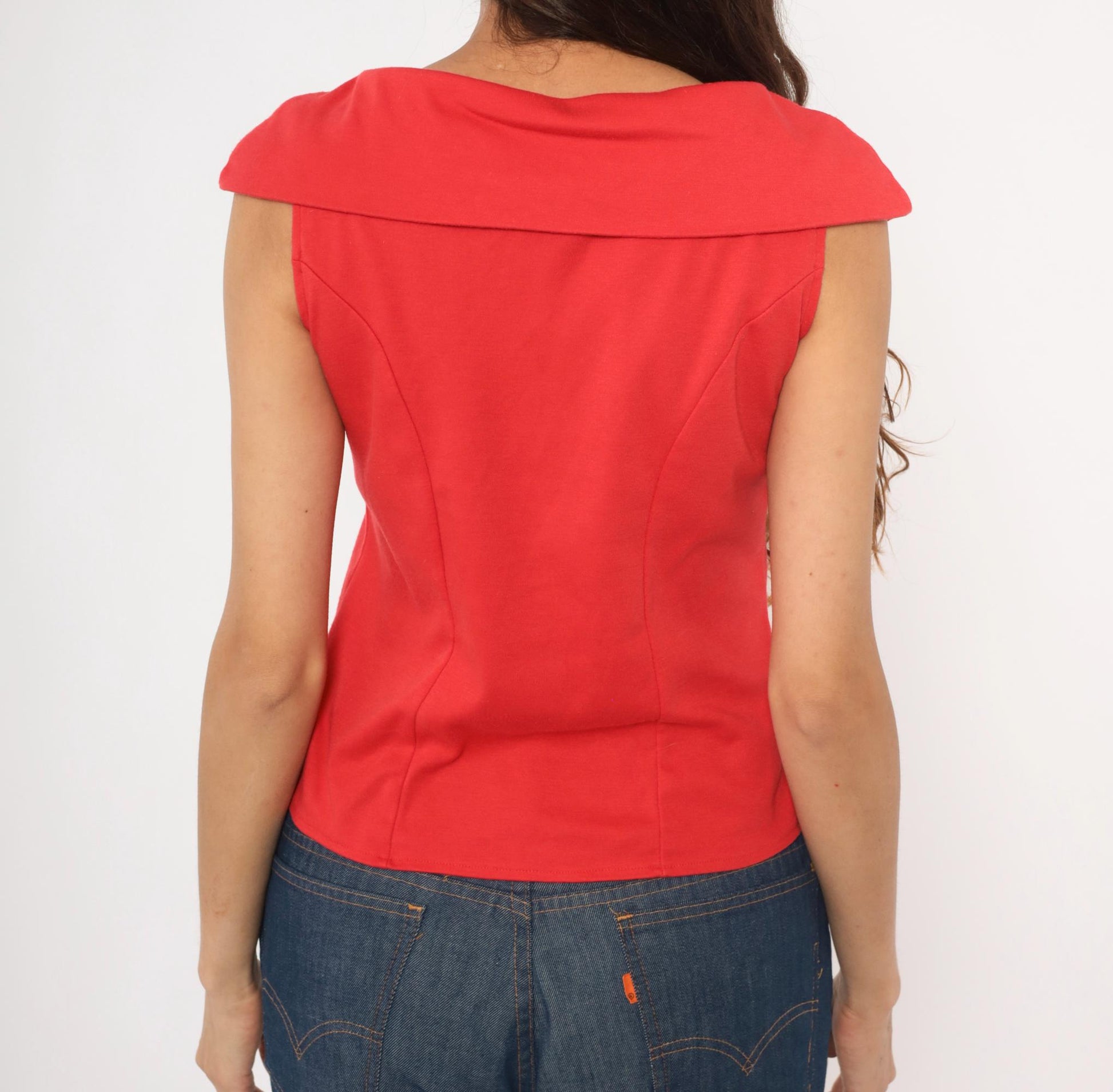 90s Dirty Dancing Red Button Front Blouse Cowl Neck Cap Sleeve Fitted Large L