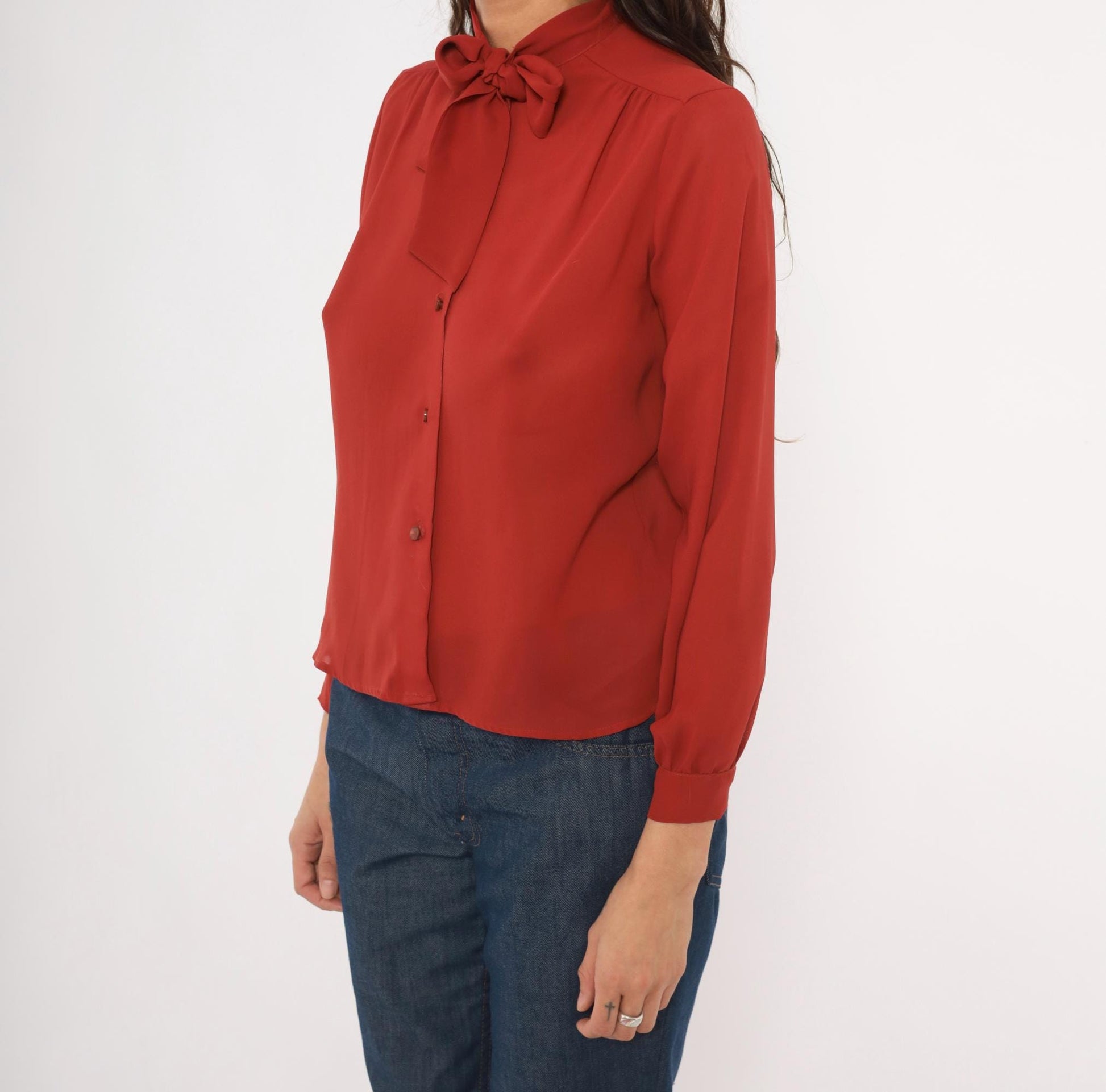 70s Kanga Petite Bow Neck Blouse Rust Terra Cotta Button Front Small