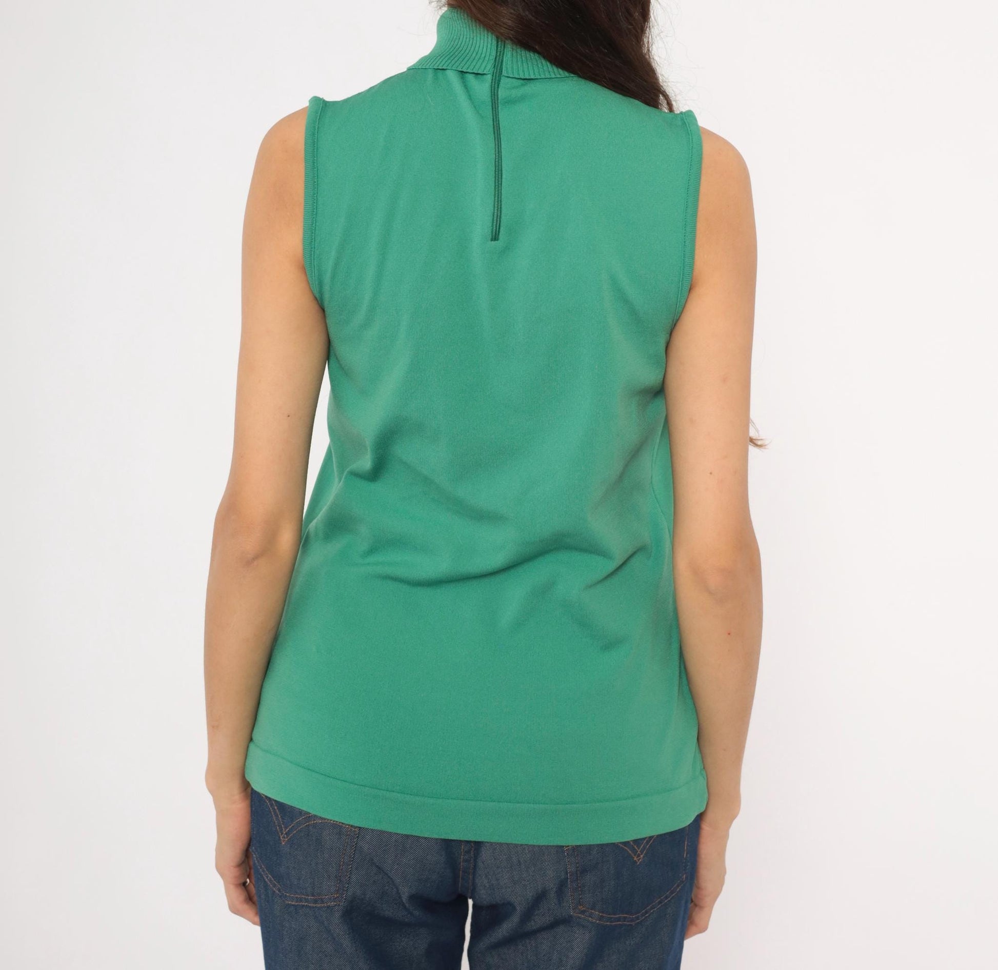 70s Sage Green Sleeveless Mock Neck Knit Tank Top Ribbed Shell Medium Large