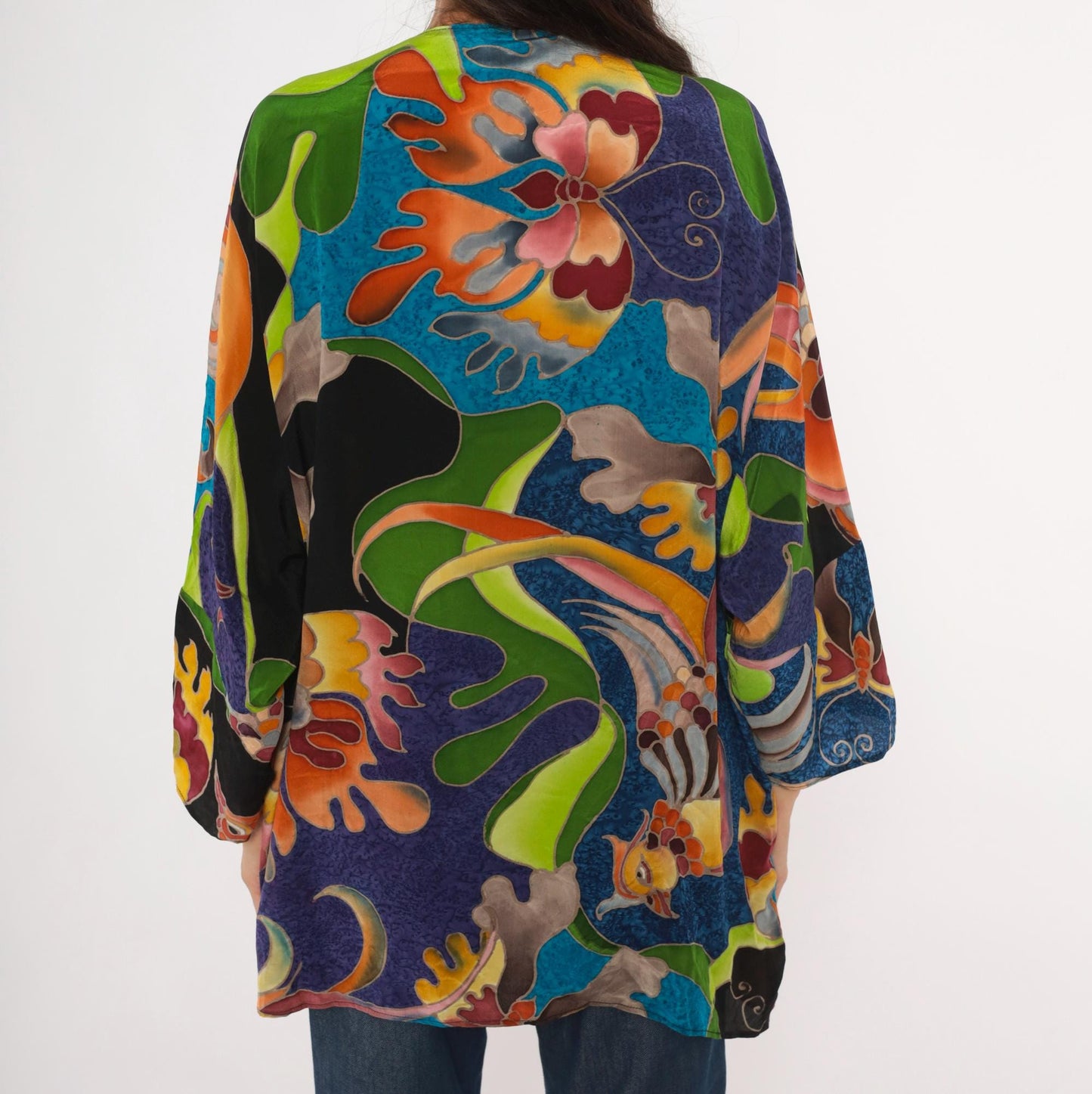 2000s Deeva Silk Kimono Jacket Multicolor Bird Floral Abstract One Size