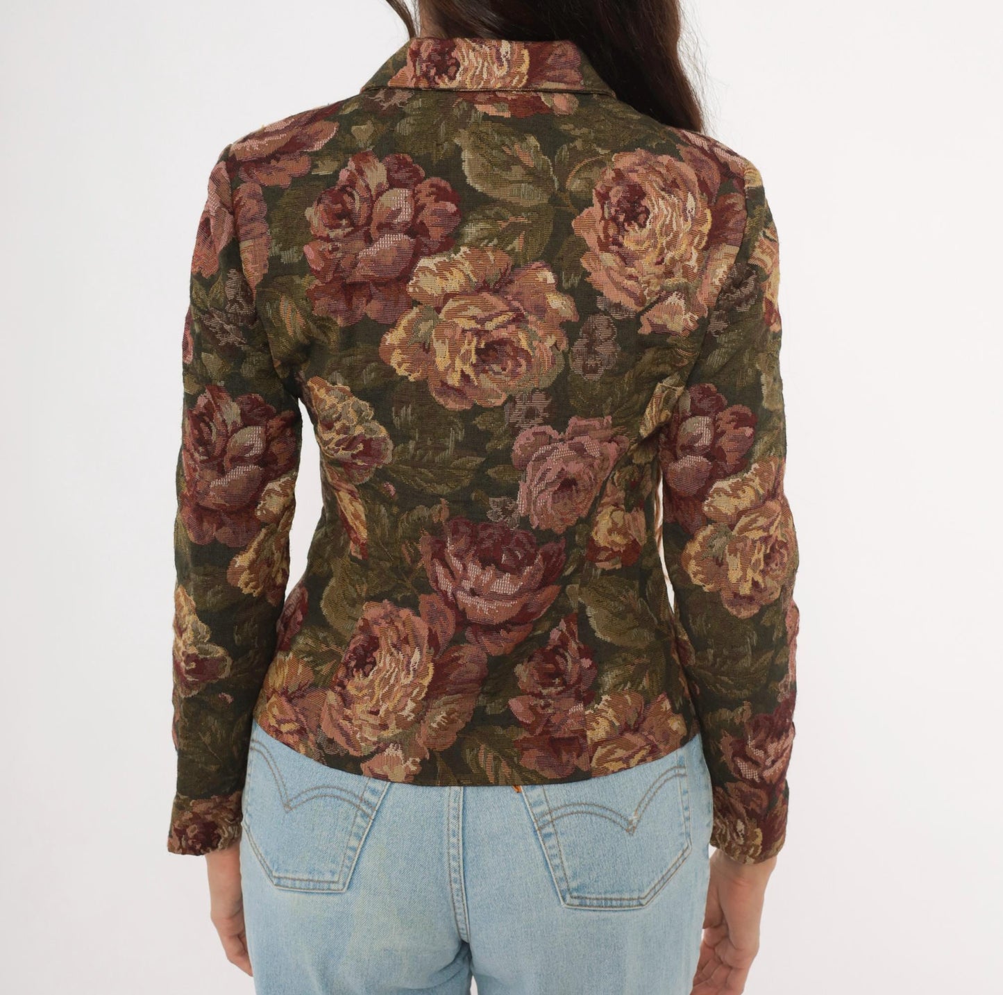 90s Jessica Howard Floral Tapestry Blazer Olive Burgundy Fitted XS