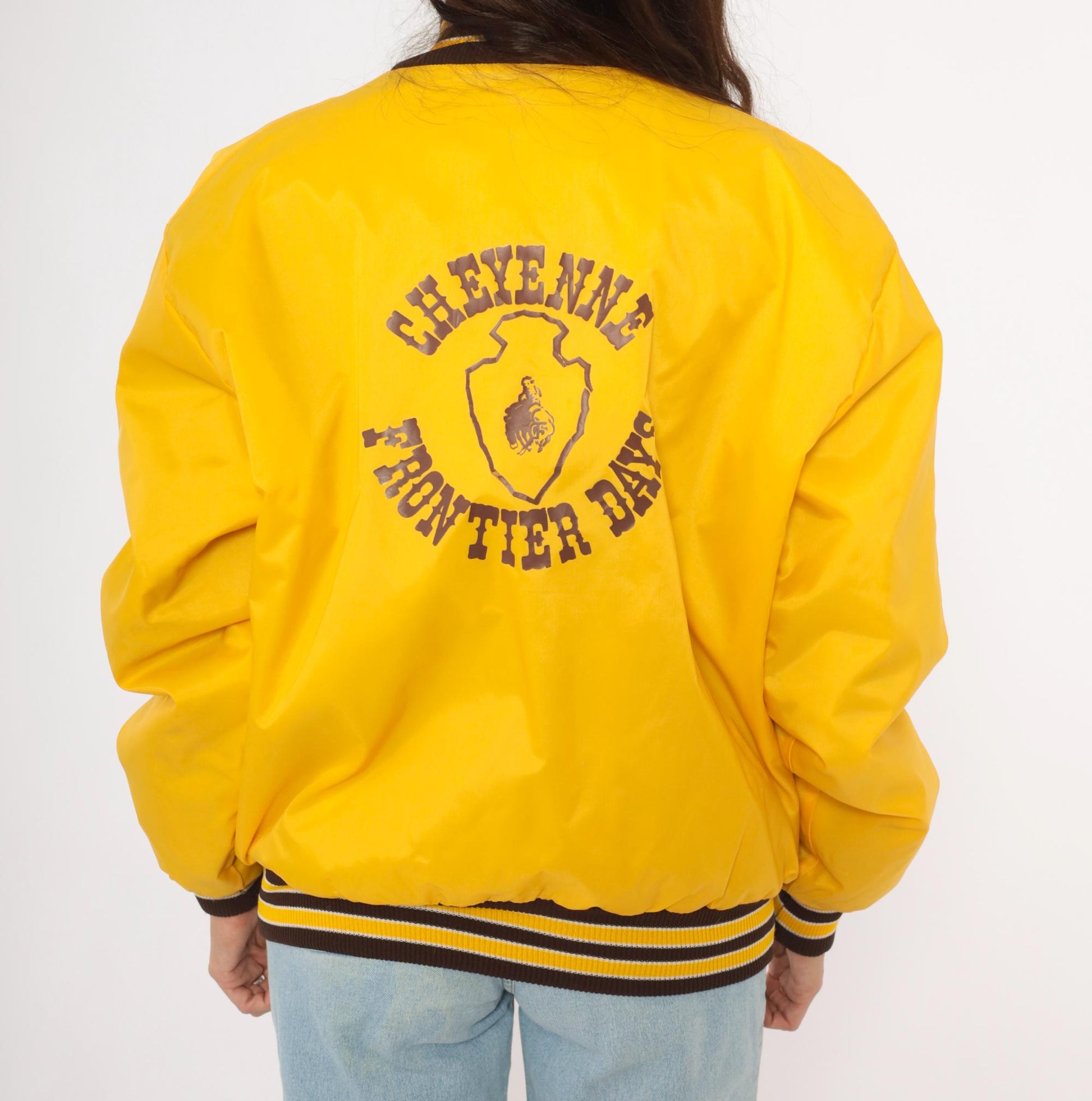 80s DeLong Sportswear Varsity Jacket Gold Nylon Bomber Cheyenne Frontier Days Medium