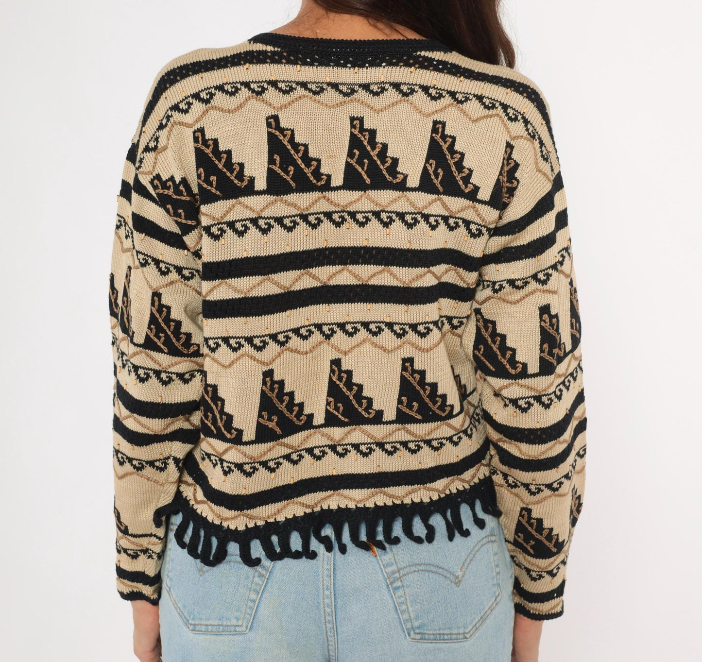 2000s Peruvian Connection Cardigan Cream Black Geometric Fringe Pima Cotton Medium M