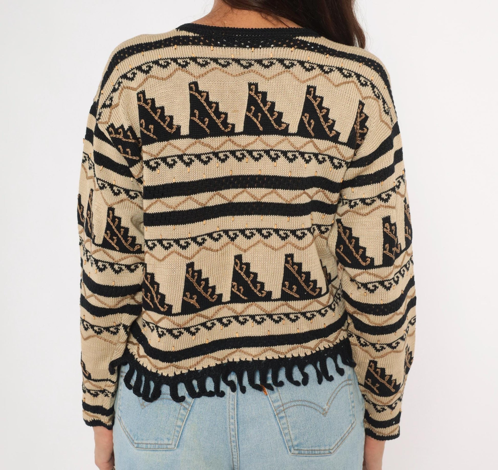 2000s Peruvian Connection Cardigan Cream Black Geometric Fringe Pima Cotton Medium M