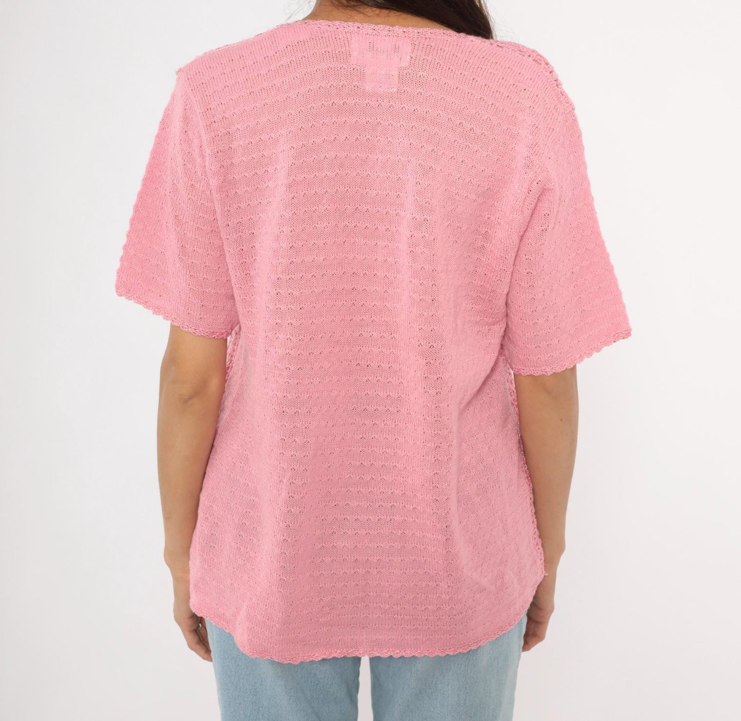 90s Jaclyn Smith Pink Crochet Cardigan V-Neck Scalloped Hem Large L