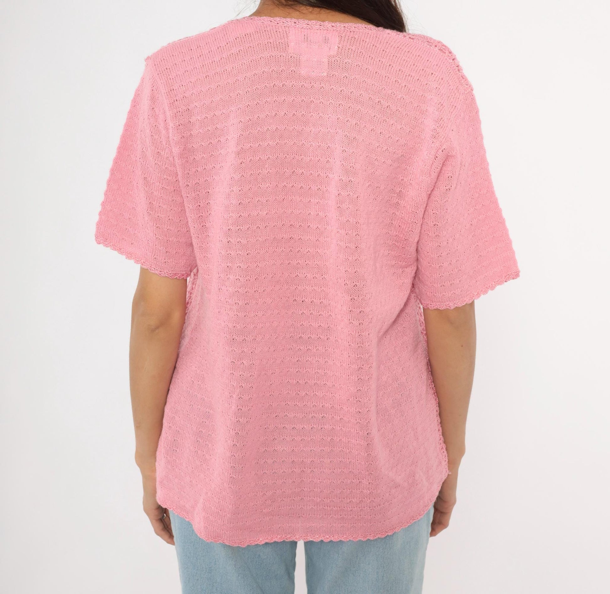 90s Jaclyn Smith Pink Crochet Cardigan V-Neck Scalloped Hem Large L