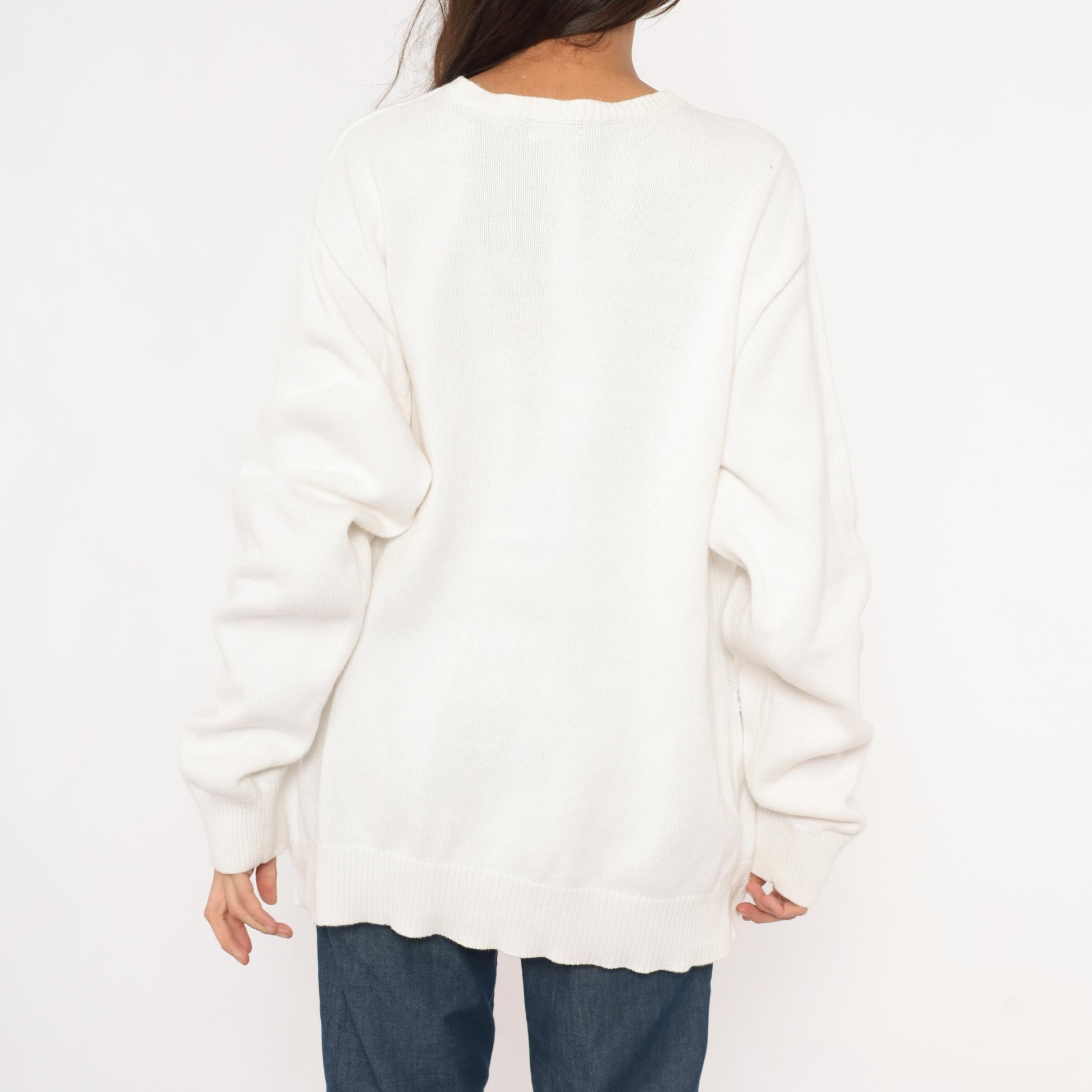 90s Izod Cotton Crewneck Sweater White Windowpane Grid Knit Large L