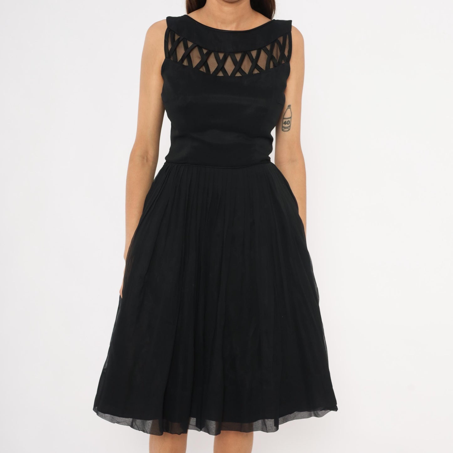 60s Black Chiffon Cocktail Dress Lattice Cutout Boat Neck Small
