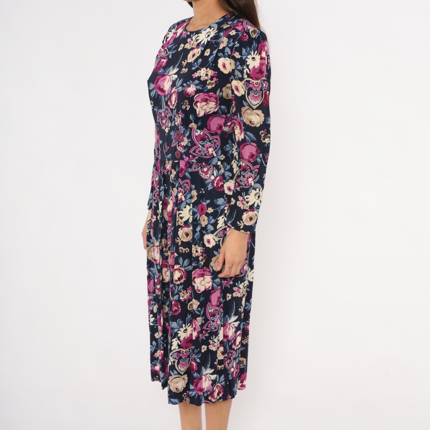 80s Karin Stevens Floral Midi Dress Navy Puff Sleeve Pleated Medium M