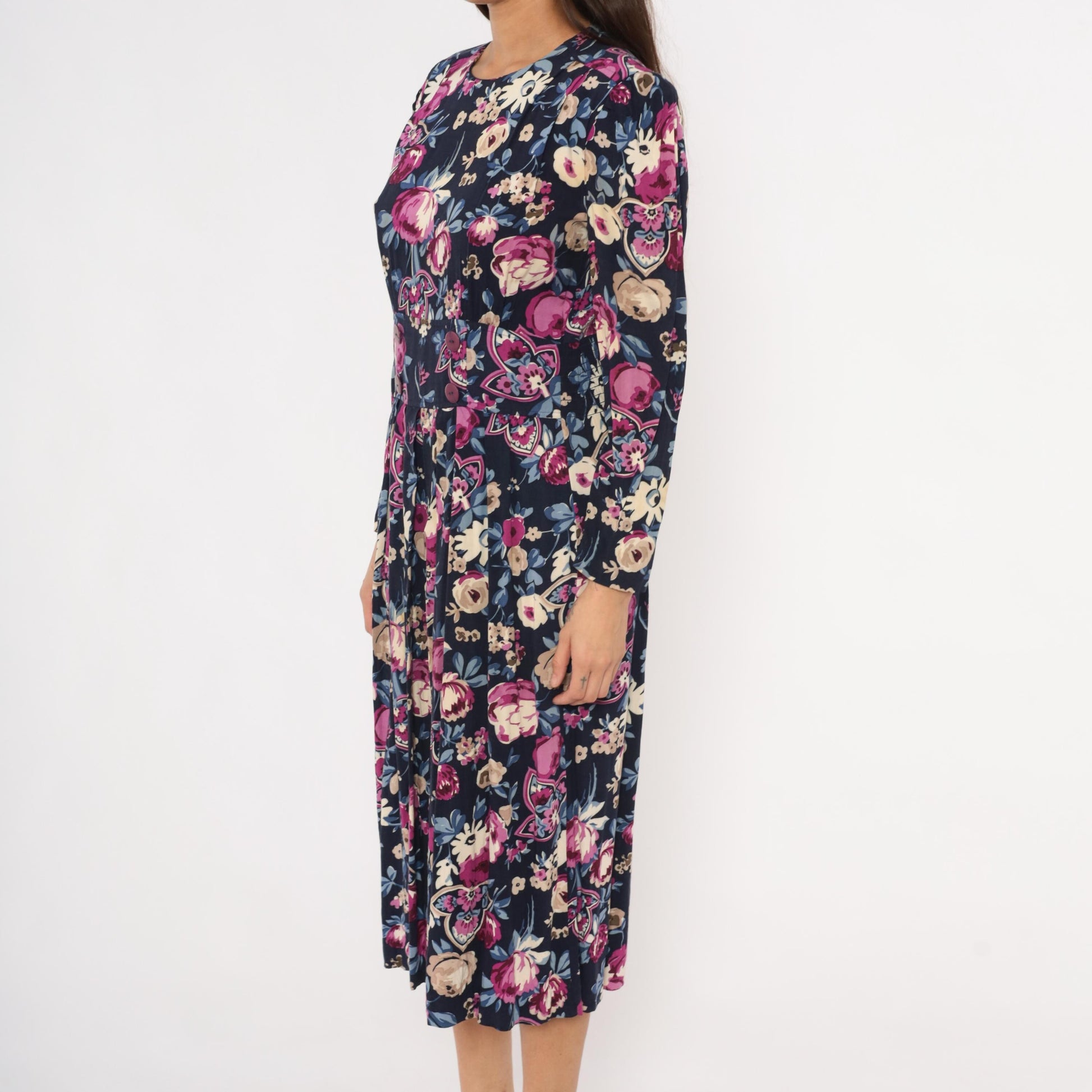80s Karin Stevens Floral Midi Dress Navy Puff Sleeve Pleated Medium M