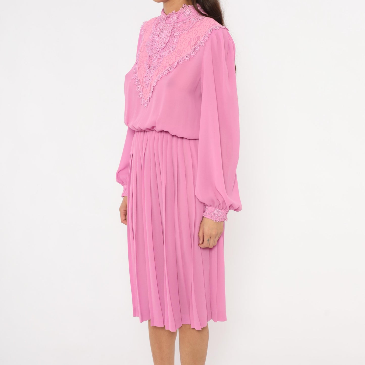 80s Rimini Pink Lace Bib Dress Bishop Sleeve Pleated Skirt Small Medium