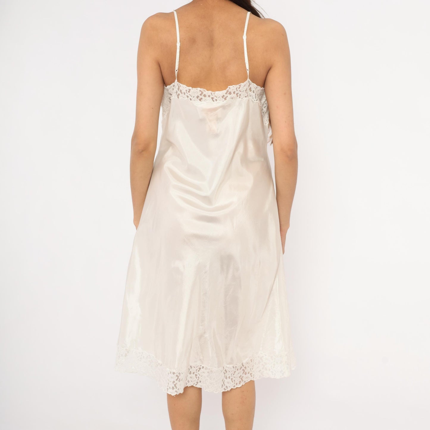 2000s April Cornell White Satin Slip Dress Floral Lace Bodice Knee Length Large L