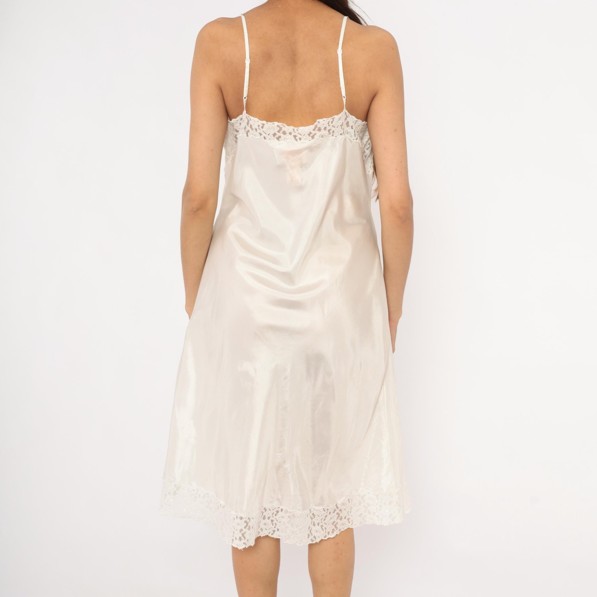 2000s April Cornell White Satin Slip Dress Floral Lace Bodice Knee Length Large L