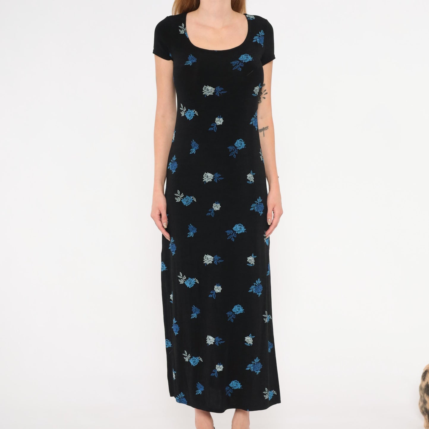 90s Jalate Black Floral Maxi Dress Blue Rose Print Side Slit Medium