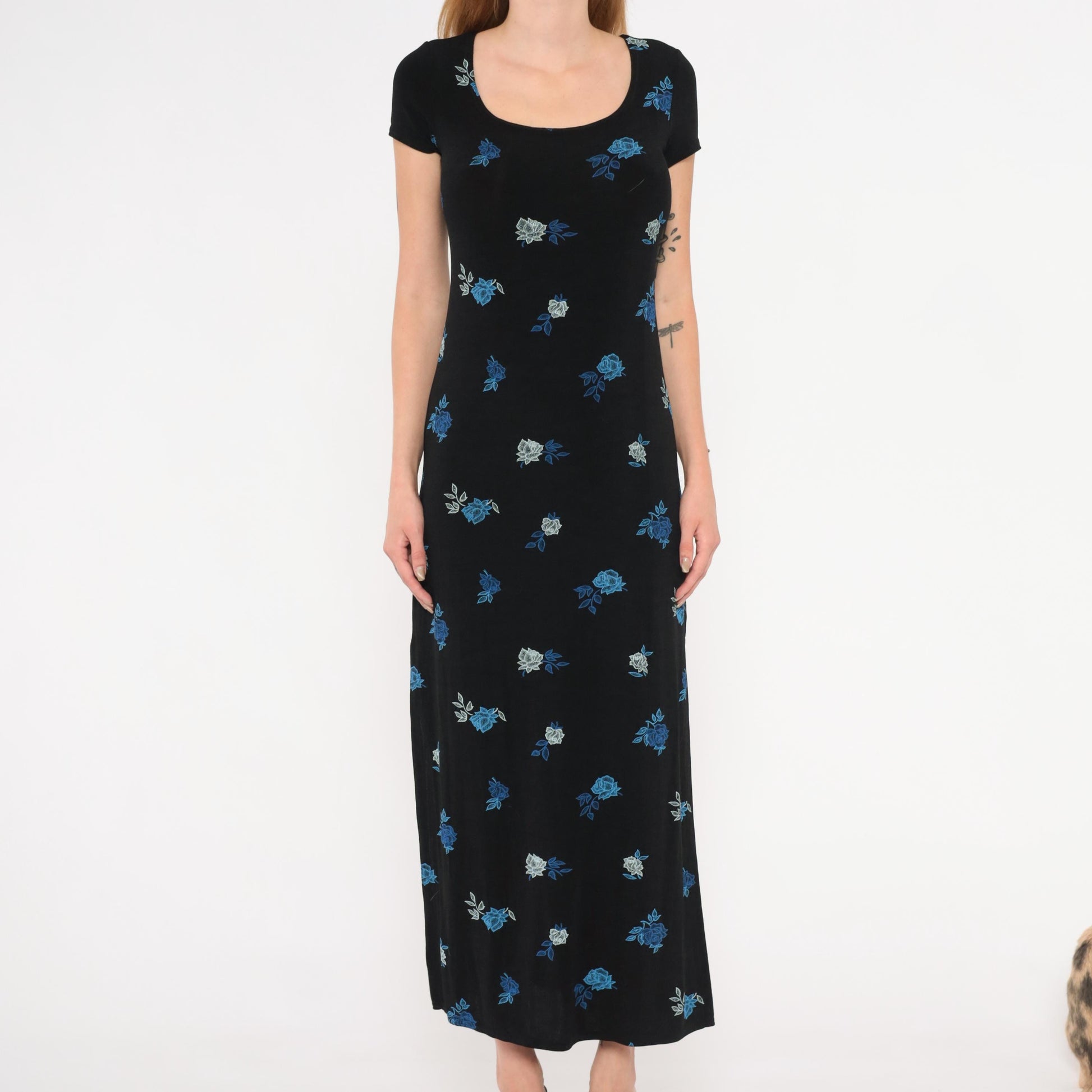 90s Jalate Black Floral Maxi Dress Blue Rose Print Side Slit Medium