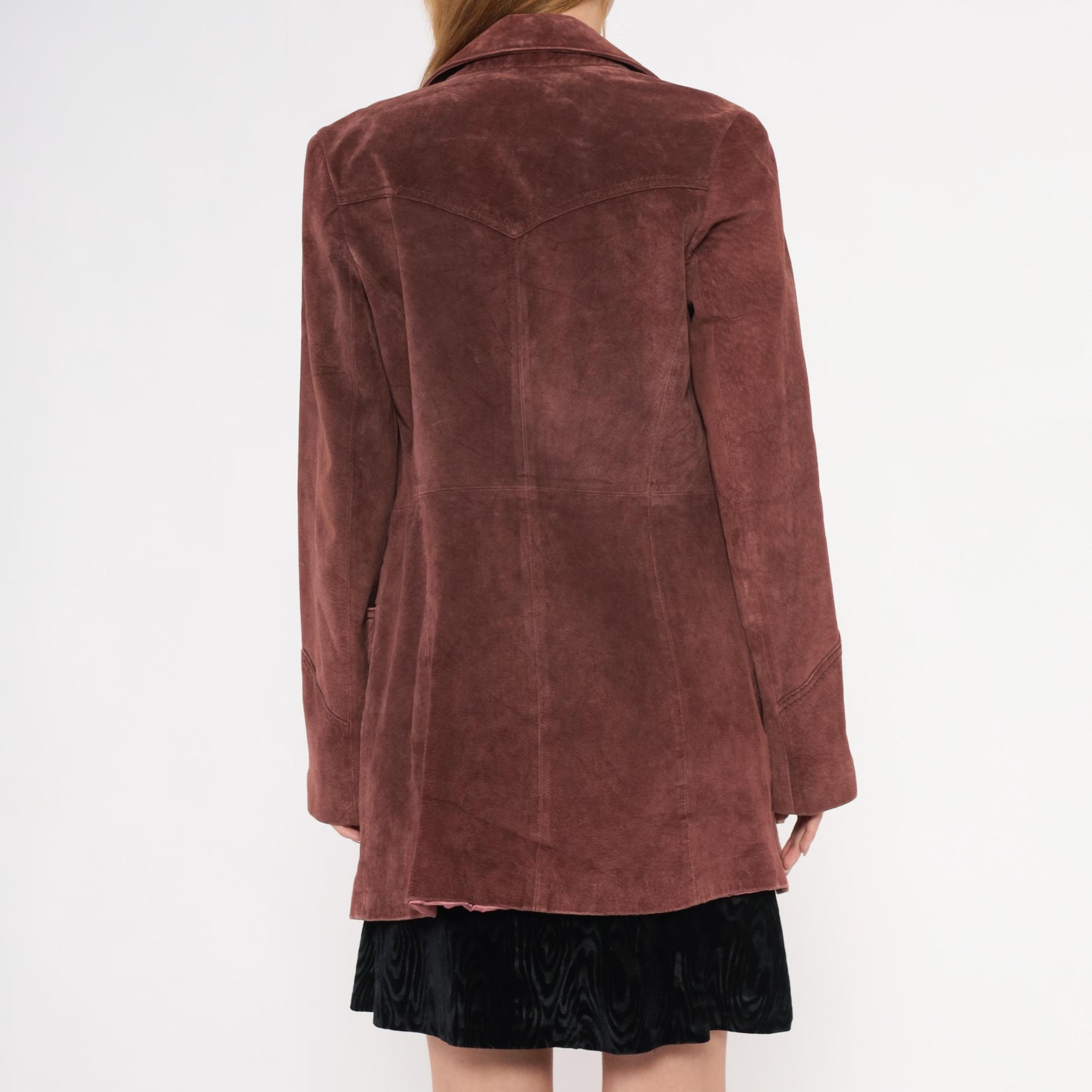 2000s Burgundy Leather Blazer Notched Lapel Long Line Small S