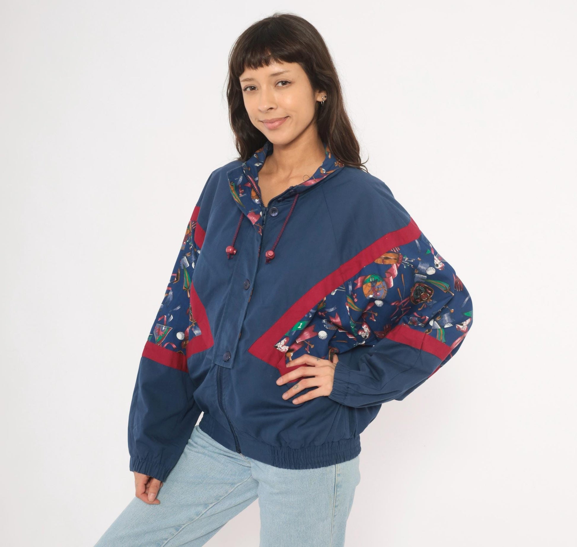 90s Line-Up Golf Print Windbreaker Navy Nylon Jacket Red Color Block Medium