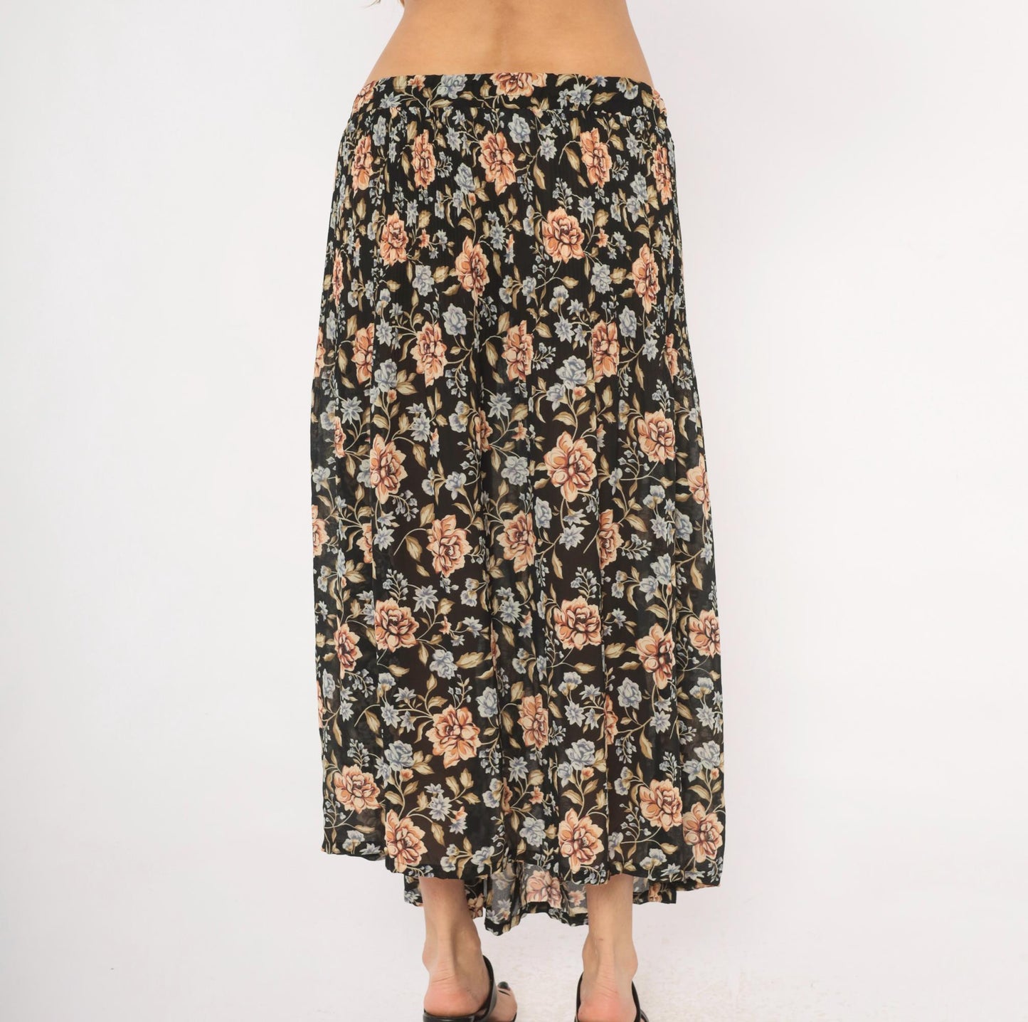 90s Sag Harbor Floral Maxi Skirt Black Peach Periwinkle Medium
