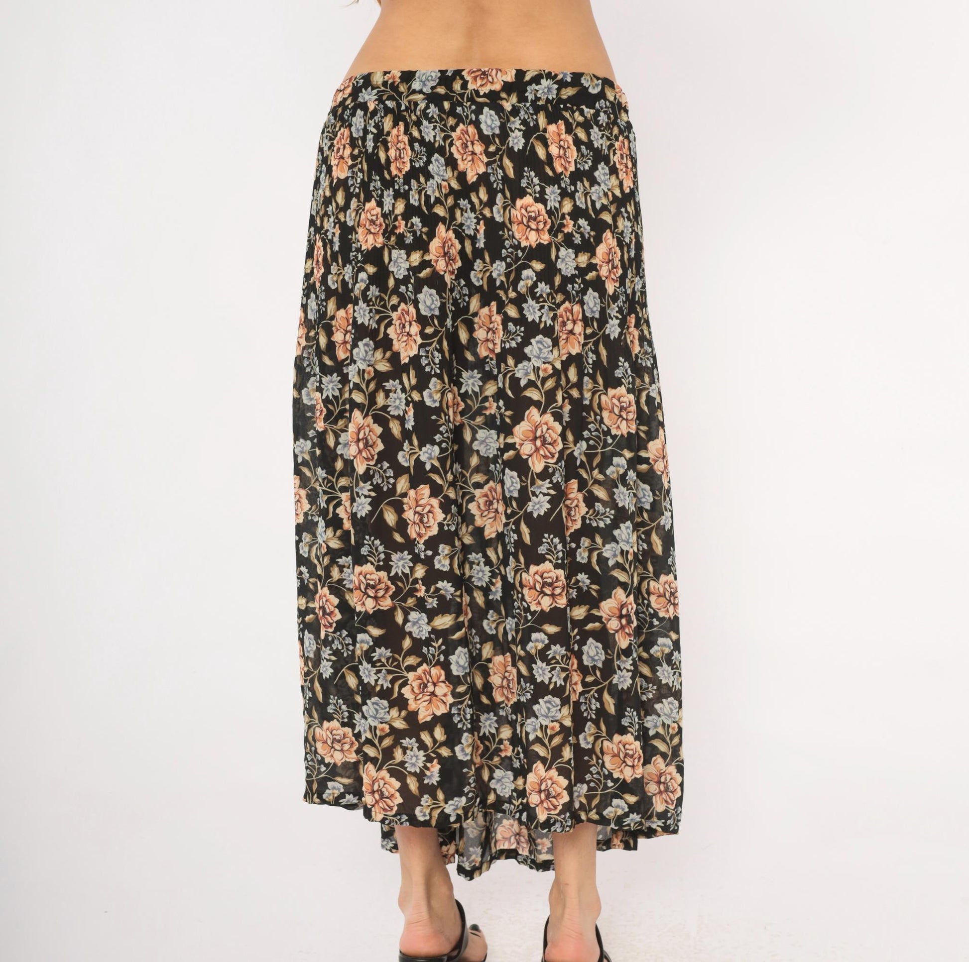 90s Sag Harbor Floral Maxi Skirt Black Peach Periwinkle Medium