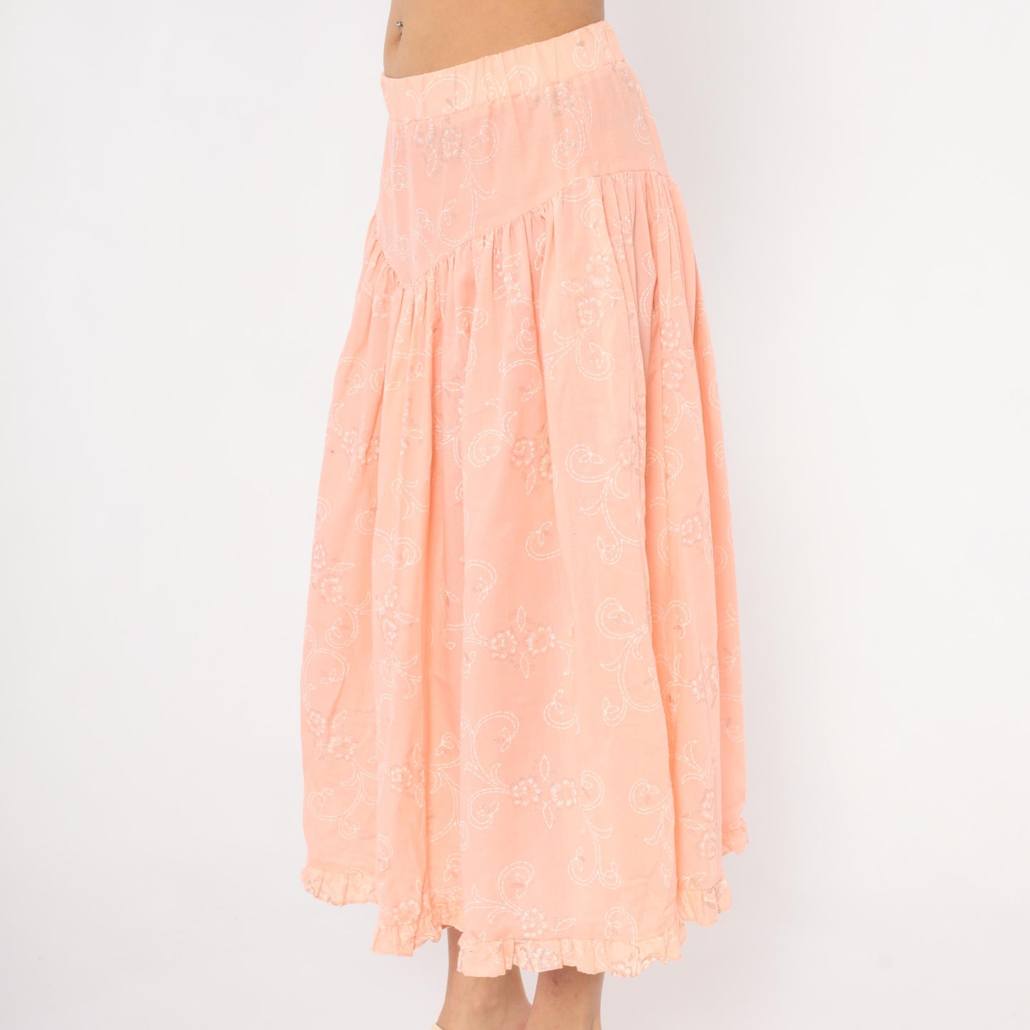 90s California Connection Peach Floral Midi Skirt Ruffled Hem Medium M