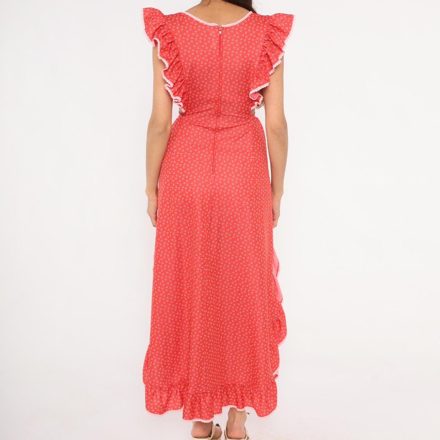 70s Gay Gibson Red Calico Maxi Dress Flutter Sleeve Lace Trim Small