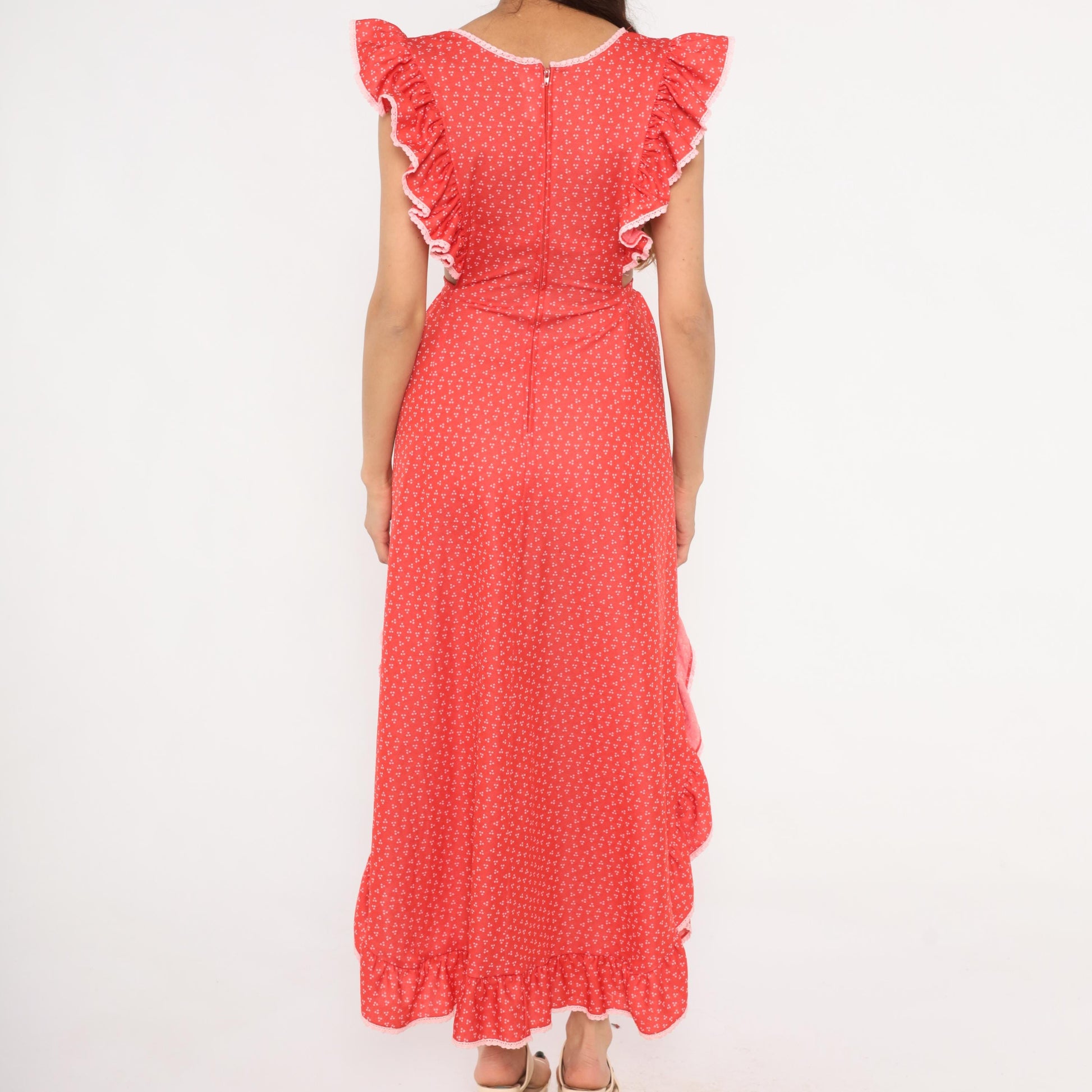 70s Gay Gibson Red Calico Maxi Dress Flutter Sleeve Lace Trim Small