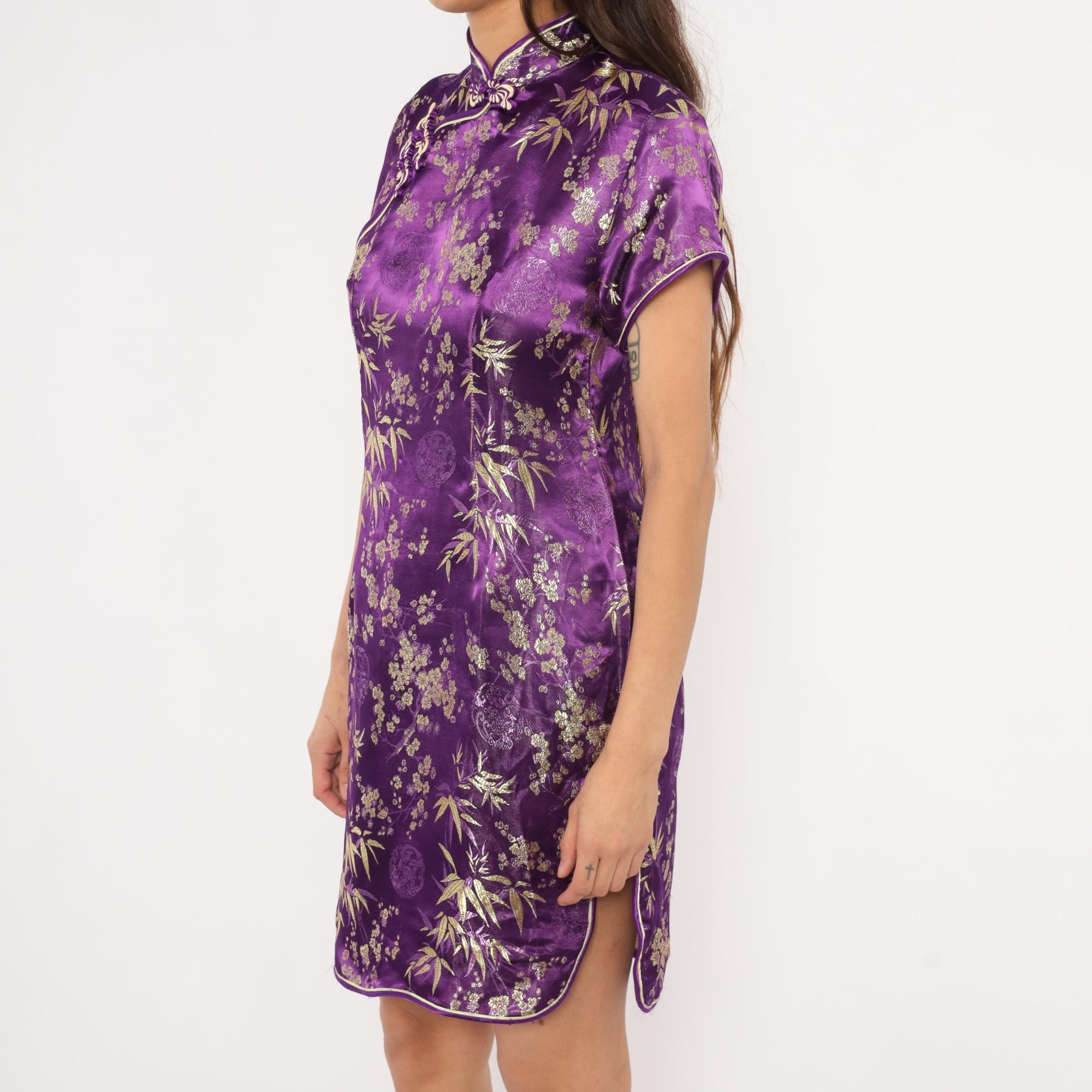 2000s Purple Gold Brocade Cheongsam Mandarin Collar Cap Sleeve Mini Small S