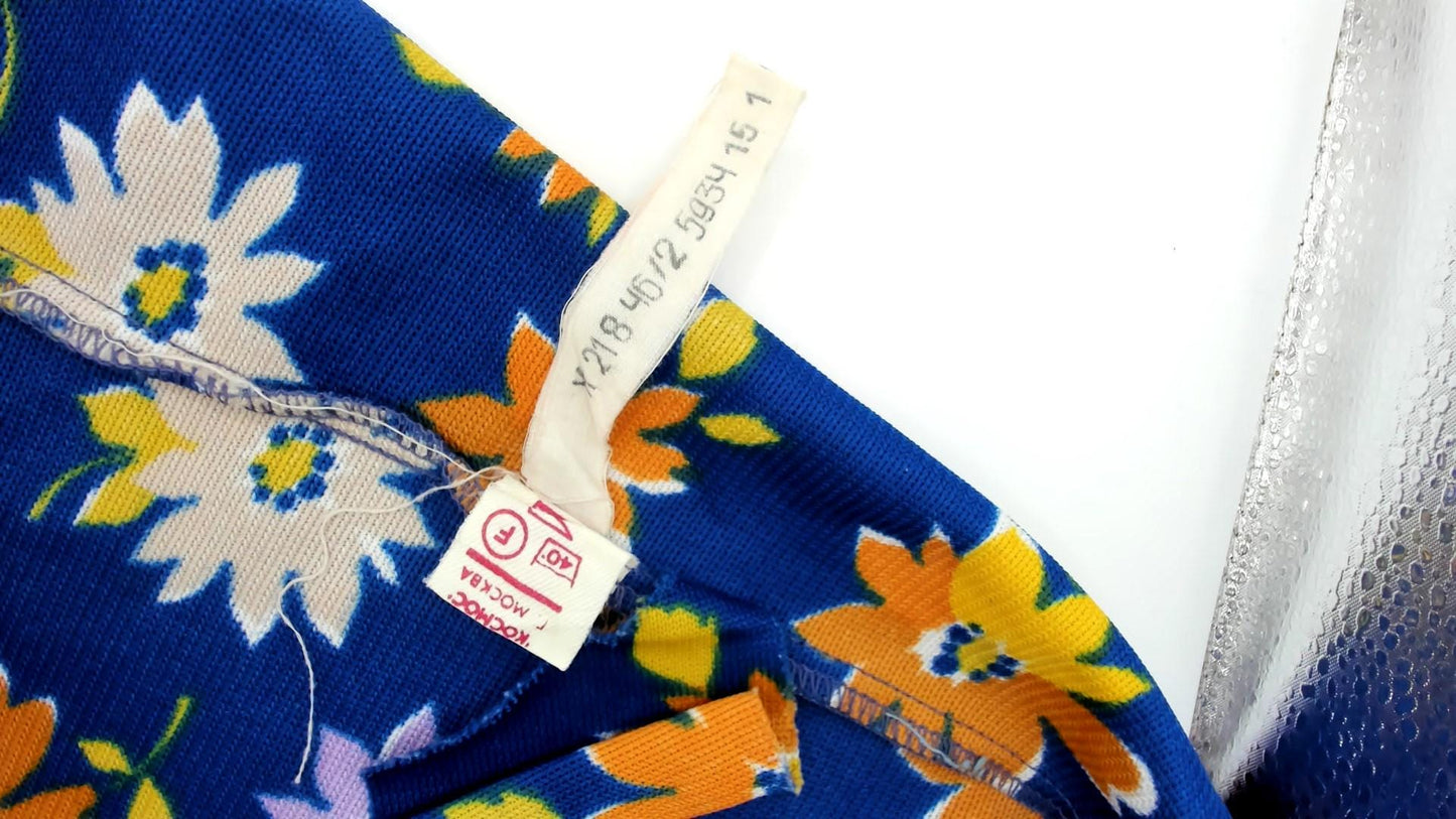70s Cobalt Blue Daisy Print A-Line Mini Skirt Floral Small S