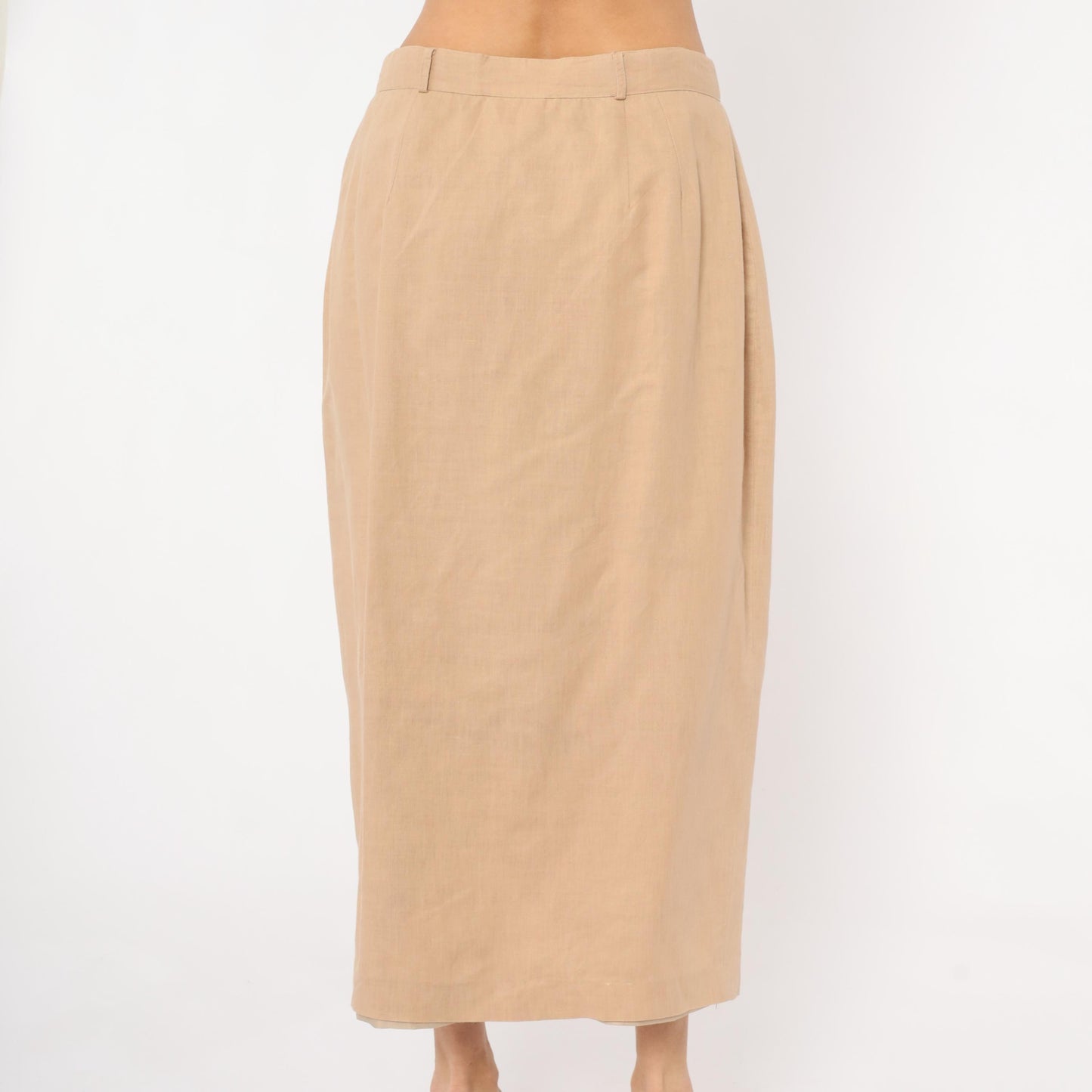 80s Carry Back Tan Linen Midi Skirt Button Front Medium M