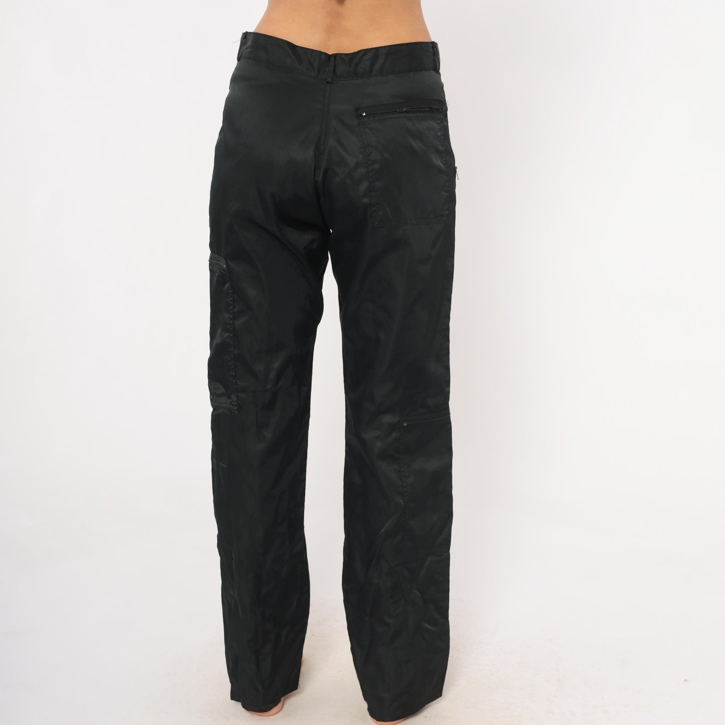 Y2K Black Nylon Cargo Pants Graffiti Low Rise Straight Leg Utility 32 Medium