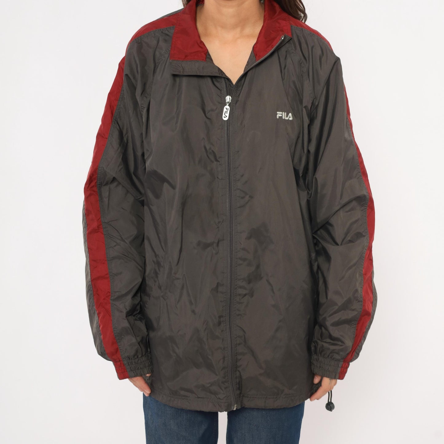 Y2K Fila Windbreaker Charcoal Grey Burgundy Colorblock Track Jacket Large L