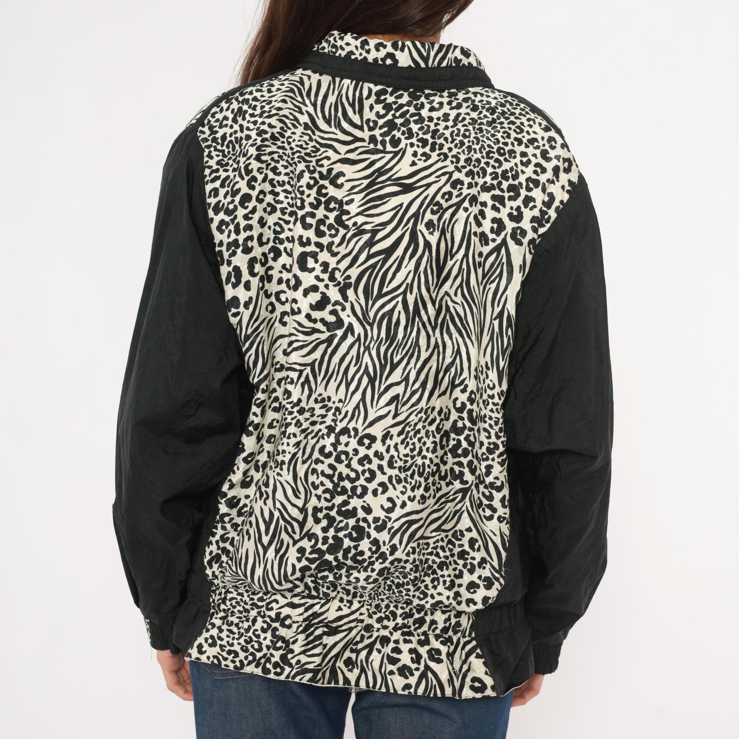90s East West Leopard Zebra Floral Windbreaker Jacket Black Medium M