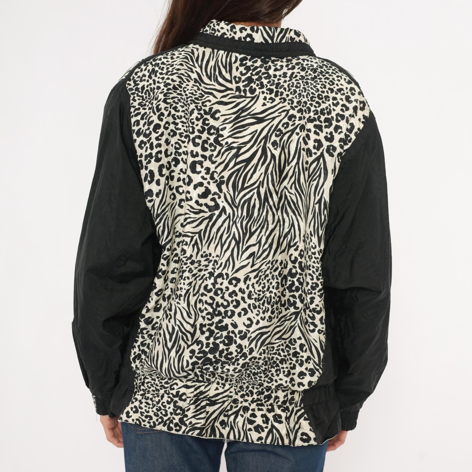 90s East West Leopard Zebra Floral Windbreaker Jacket Black Medium M