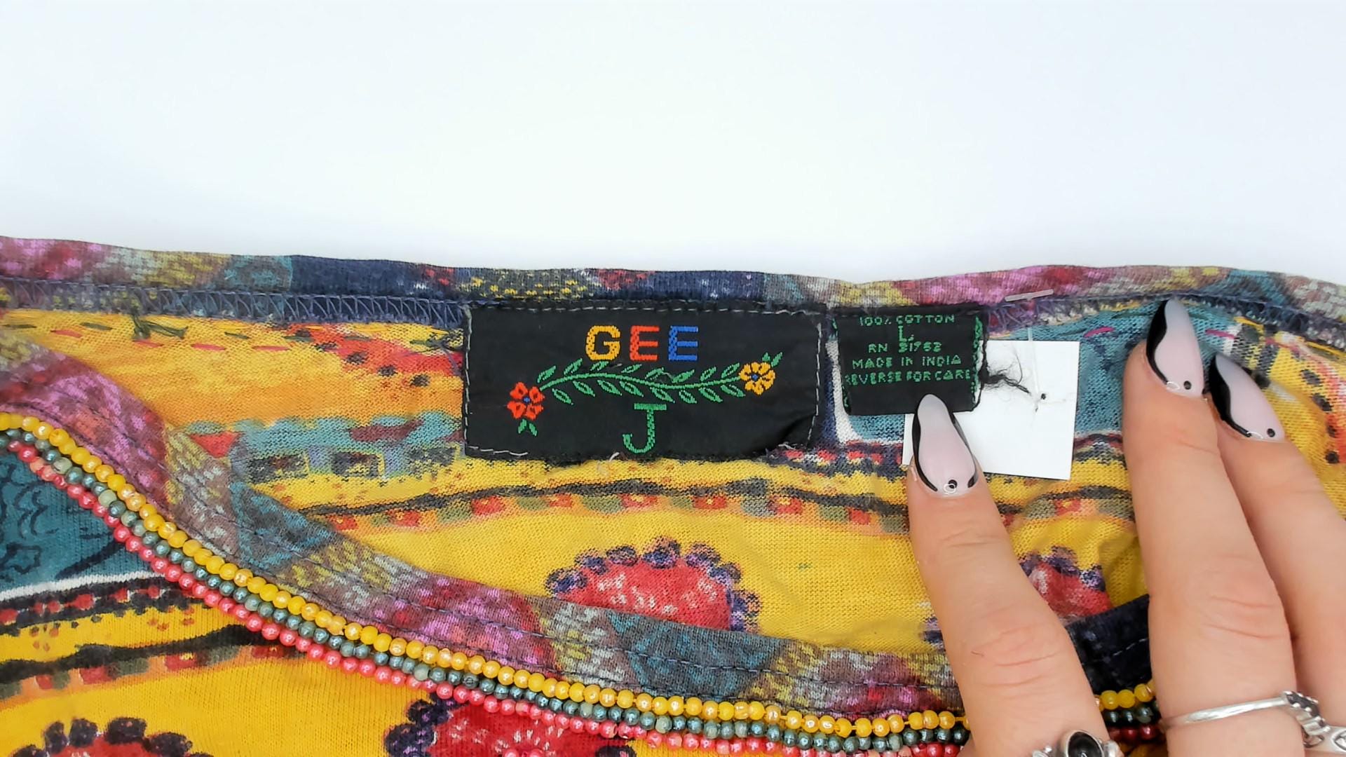 90s Gee J Southwestern Geometric Cotton Tee Multicolor Tribal Patchwork Large L