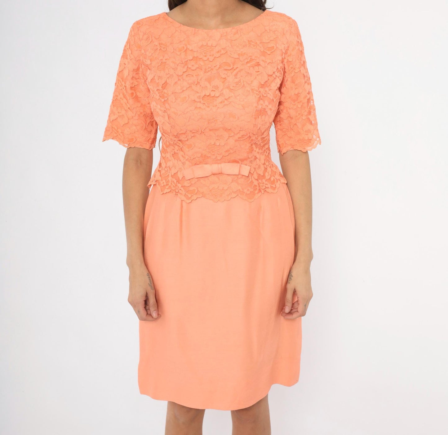 60s Sylvia Ann Peach Lace Peplum Dress Scalloped Half Sleeve Medium