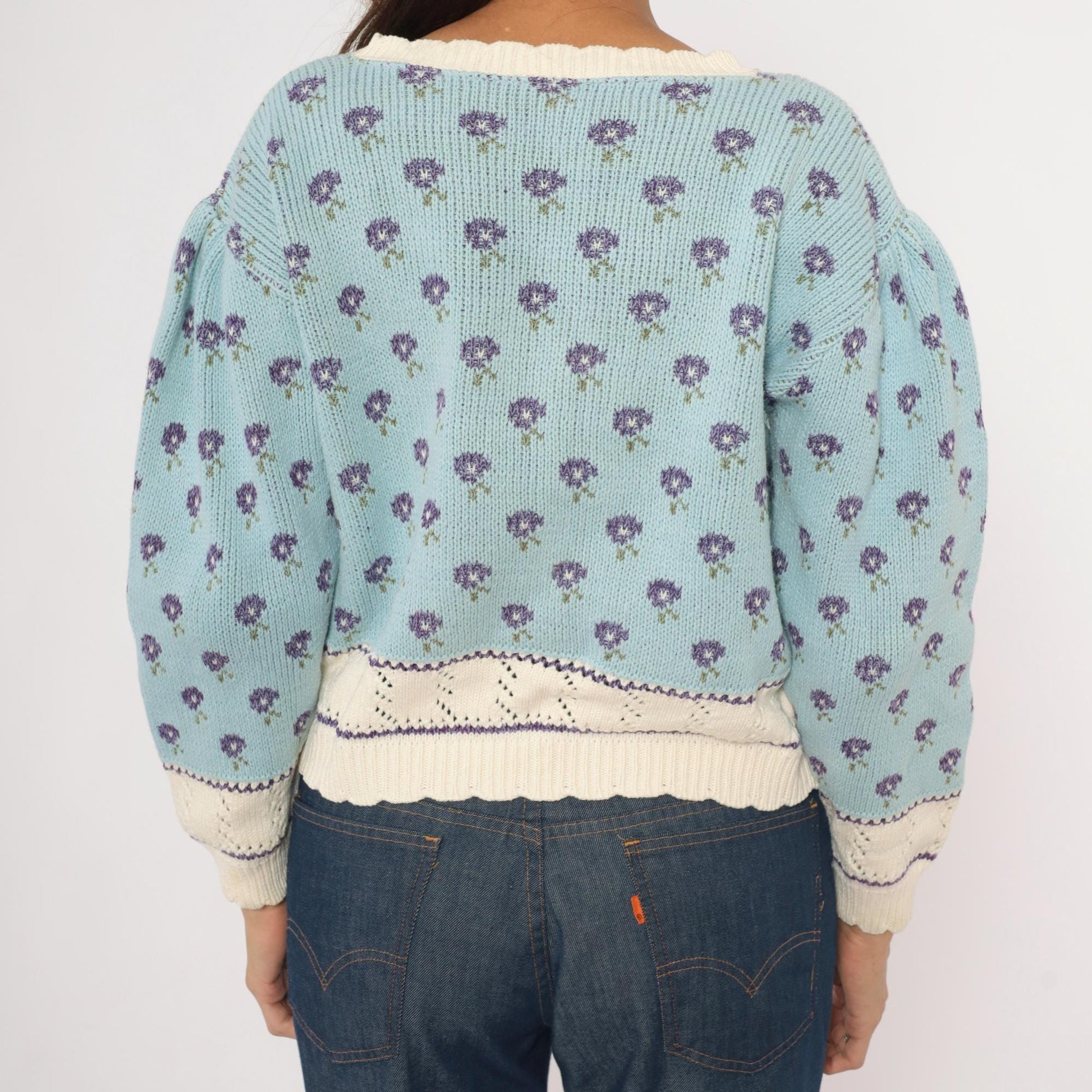 80s Light Blue Floral Knit Sweater Puff Sleeve Pointelle Trim Cotton Medium