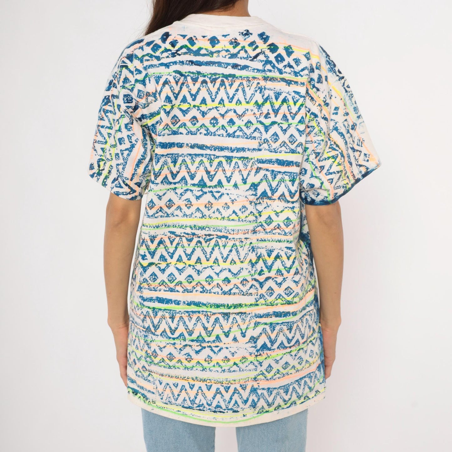 90s Sasson Tribal Print T-Shirt Neon Geometric White Navy Cotton Extra Large XL