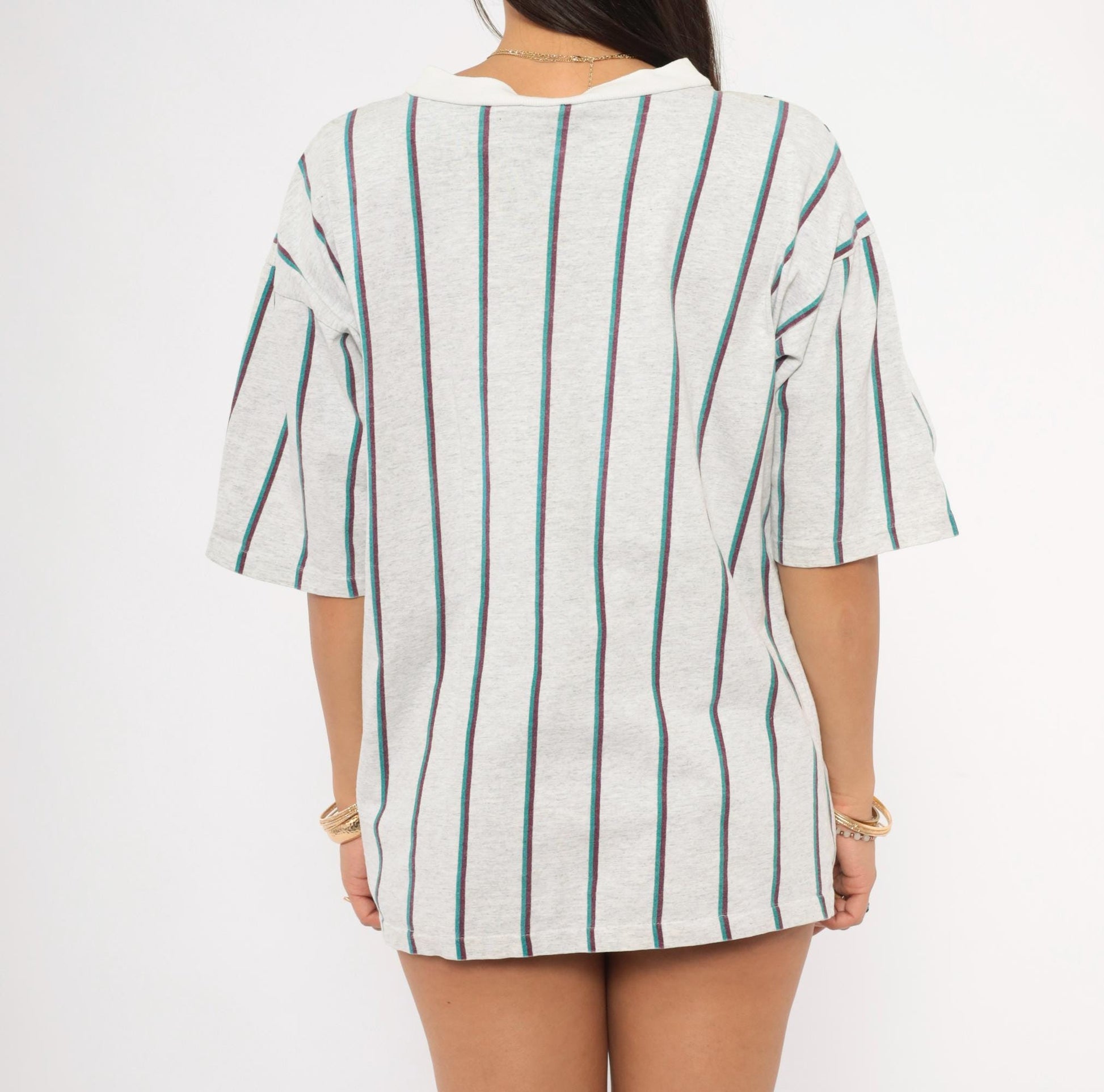90s Striped Polo Shirt Grey Teal Burgundy Vertical Stripe Cotton Large L