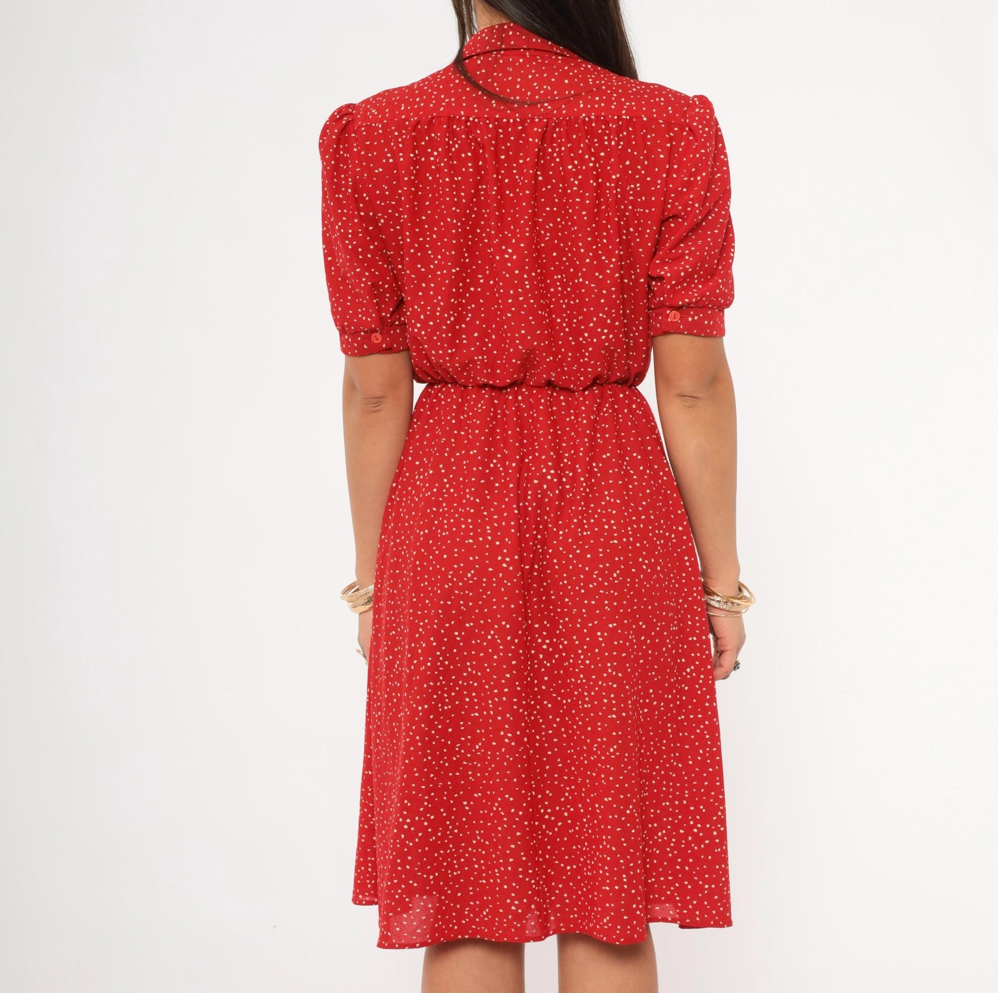 80s Red Speckled Dot Shirtdress White Print Puff Sleeve Knee Length Small