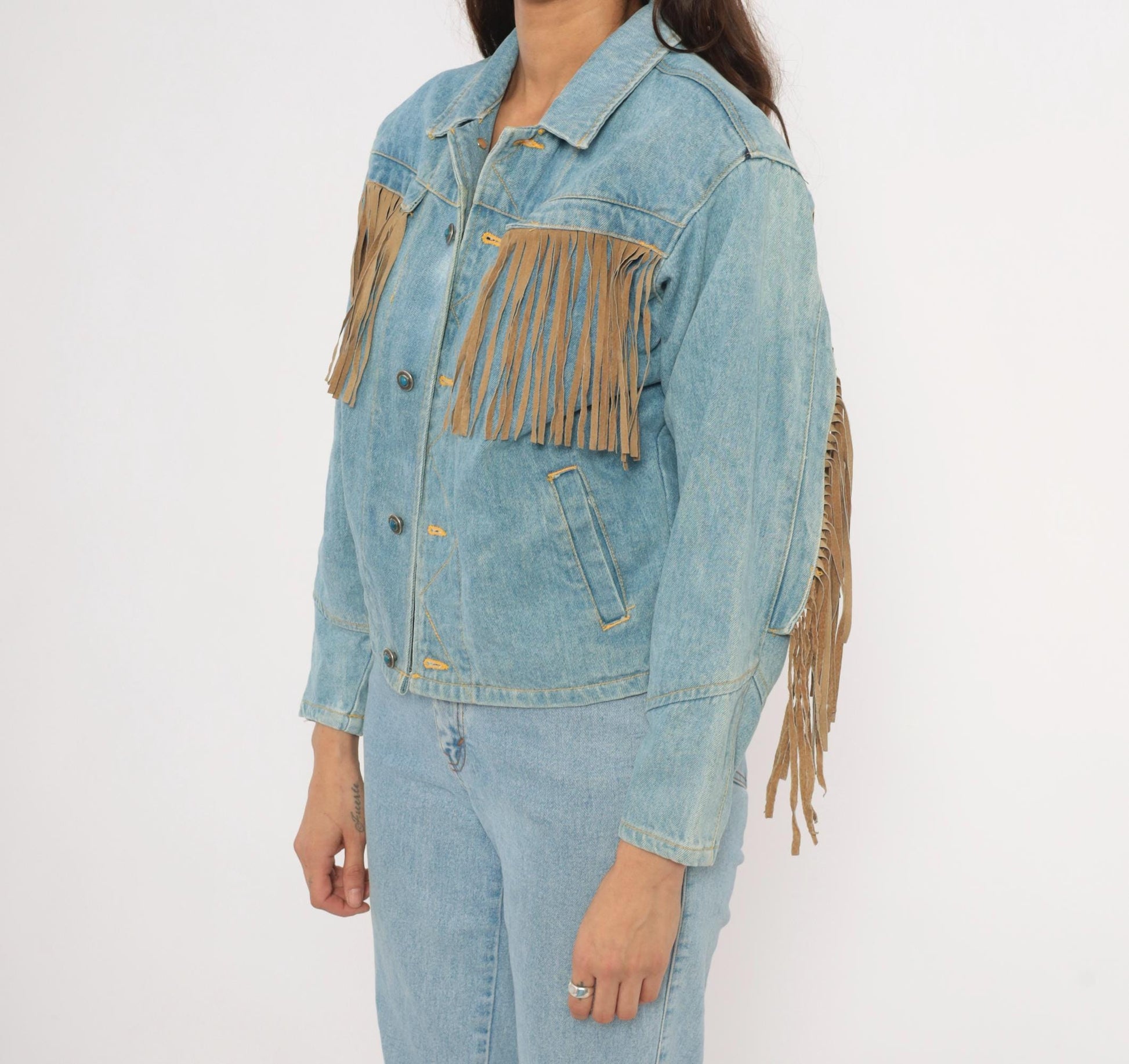 90s Morganwear Denim Jacket Suede Fringe Light Wash Lace-Up Back Medium M